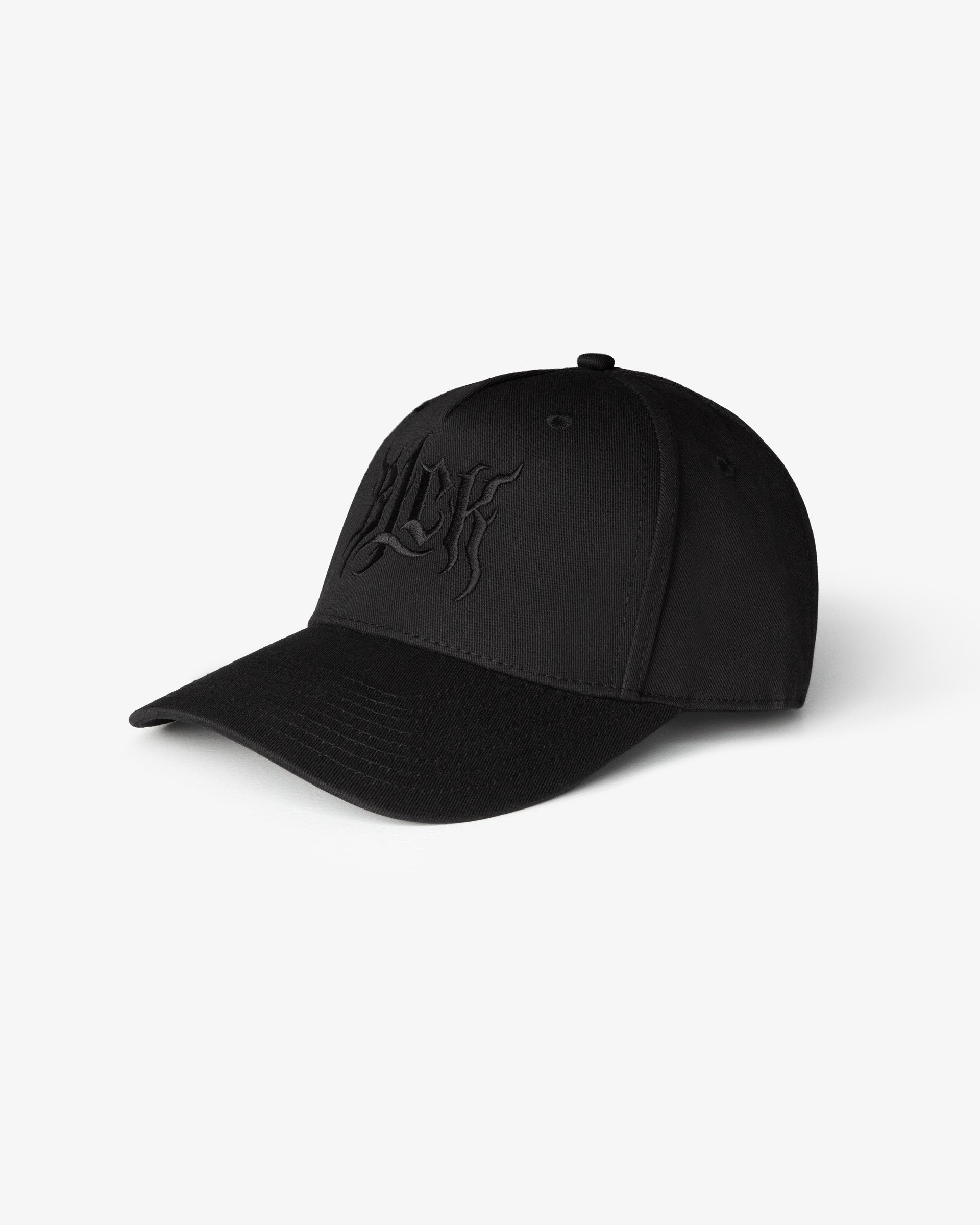 Black cap with embroidered 'BLCK' logo on a white background