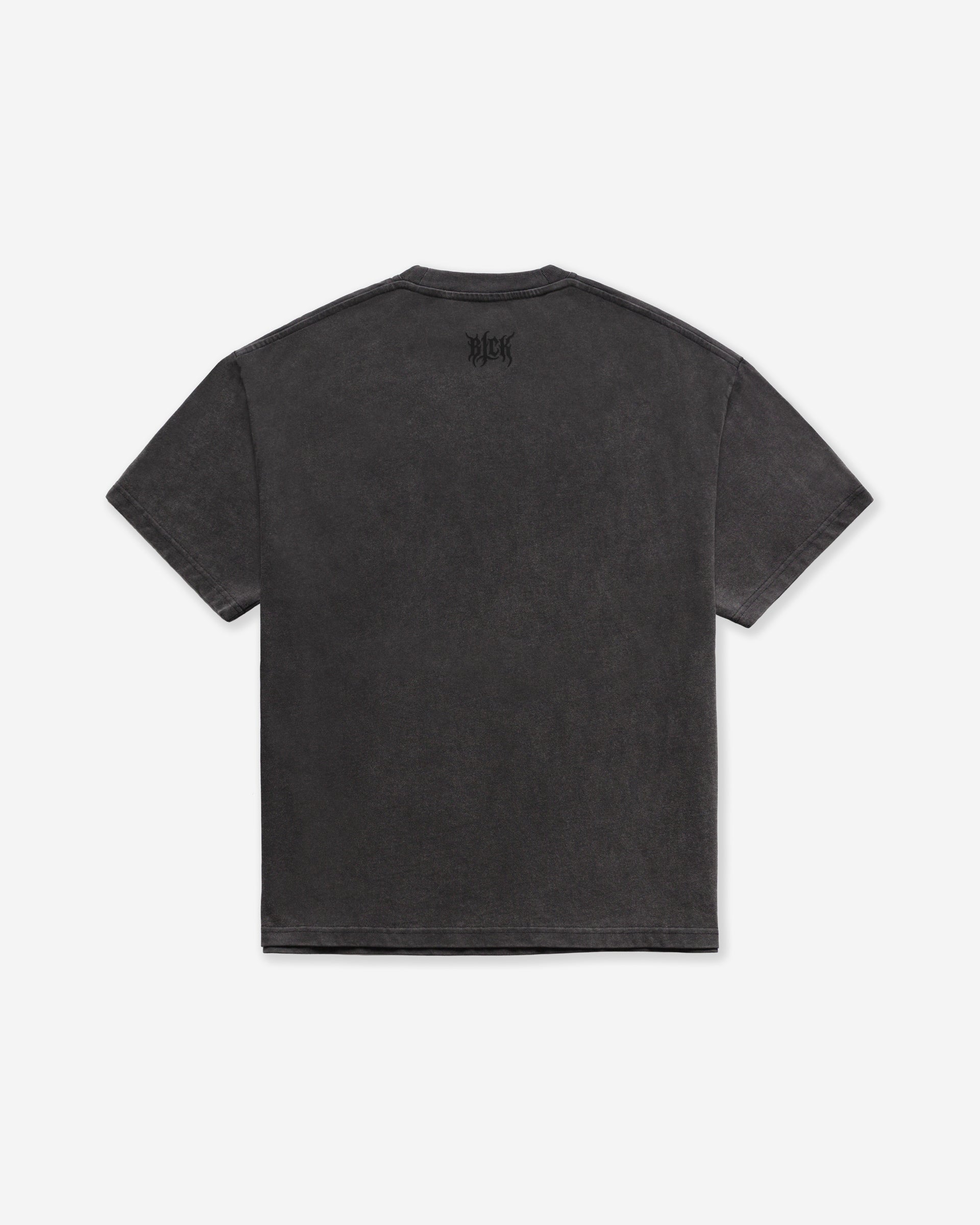 A dark gray acid wash oversized t-shirt with a small BLCK logo by the neck, on a white background