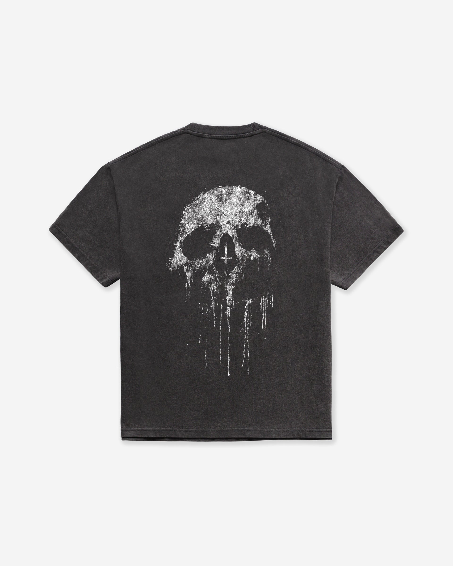 A dark gray acid wash oversized t-shirt with a distressed skull design, on a white background