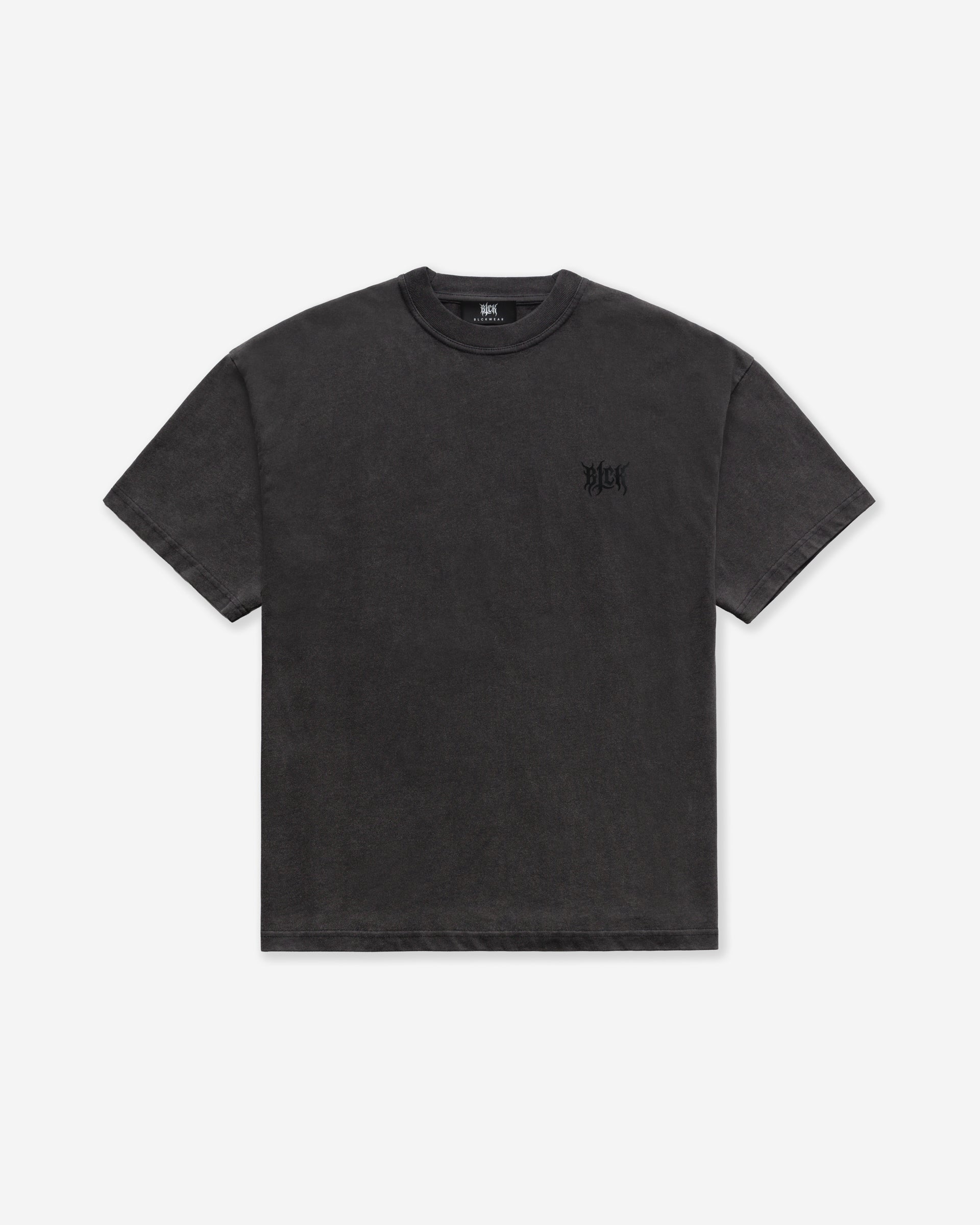 A dark gray acid wash oversized t-shirt with a small BLCK logo on the left side chest, on a white background