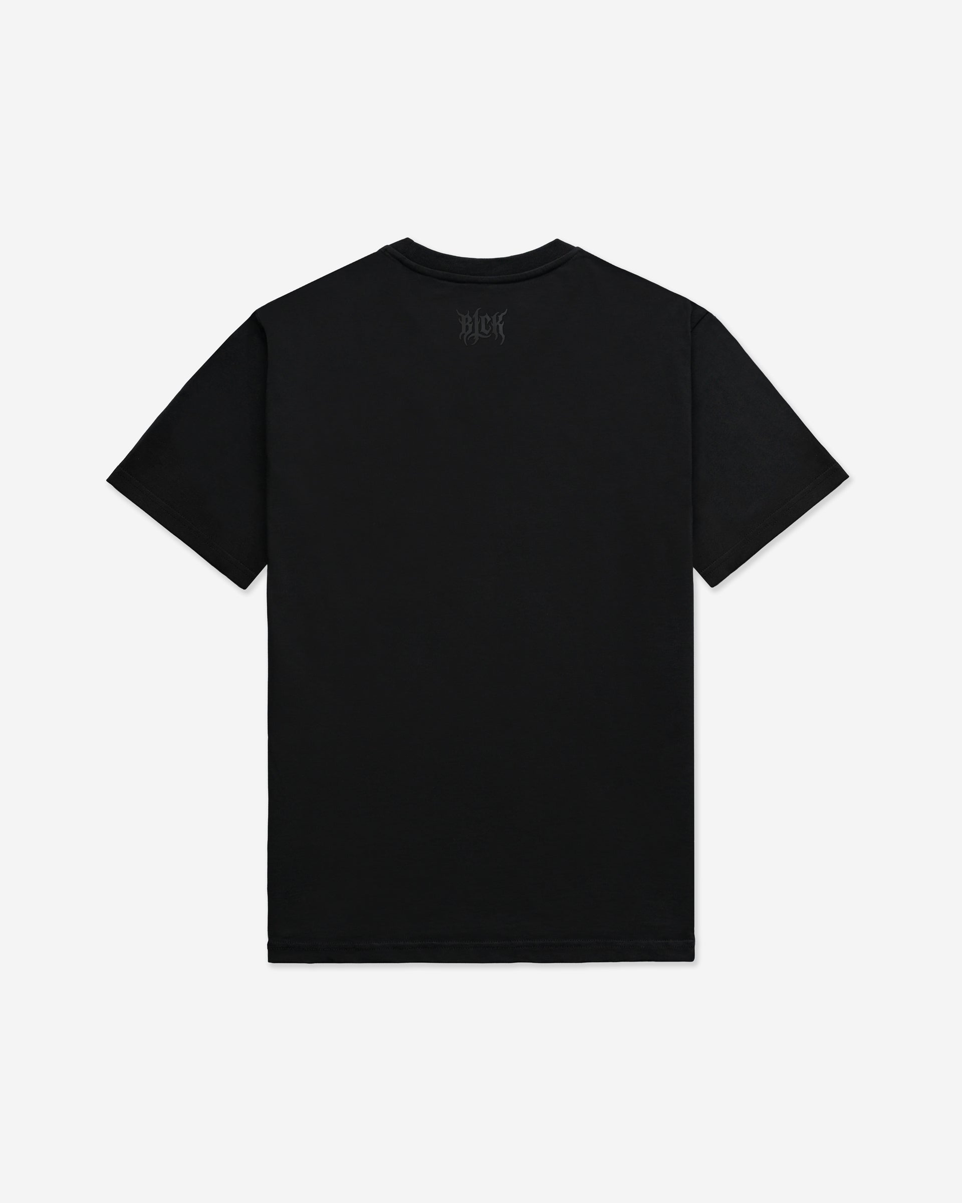 Back of a black t-shirt with a small BLCK logo by the neck, on a white background