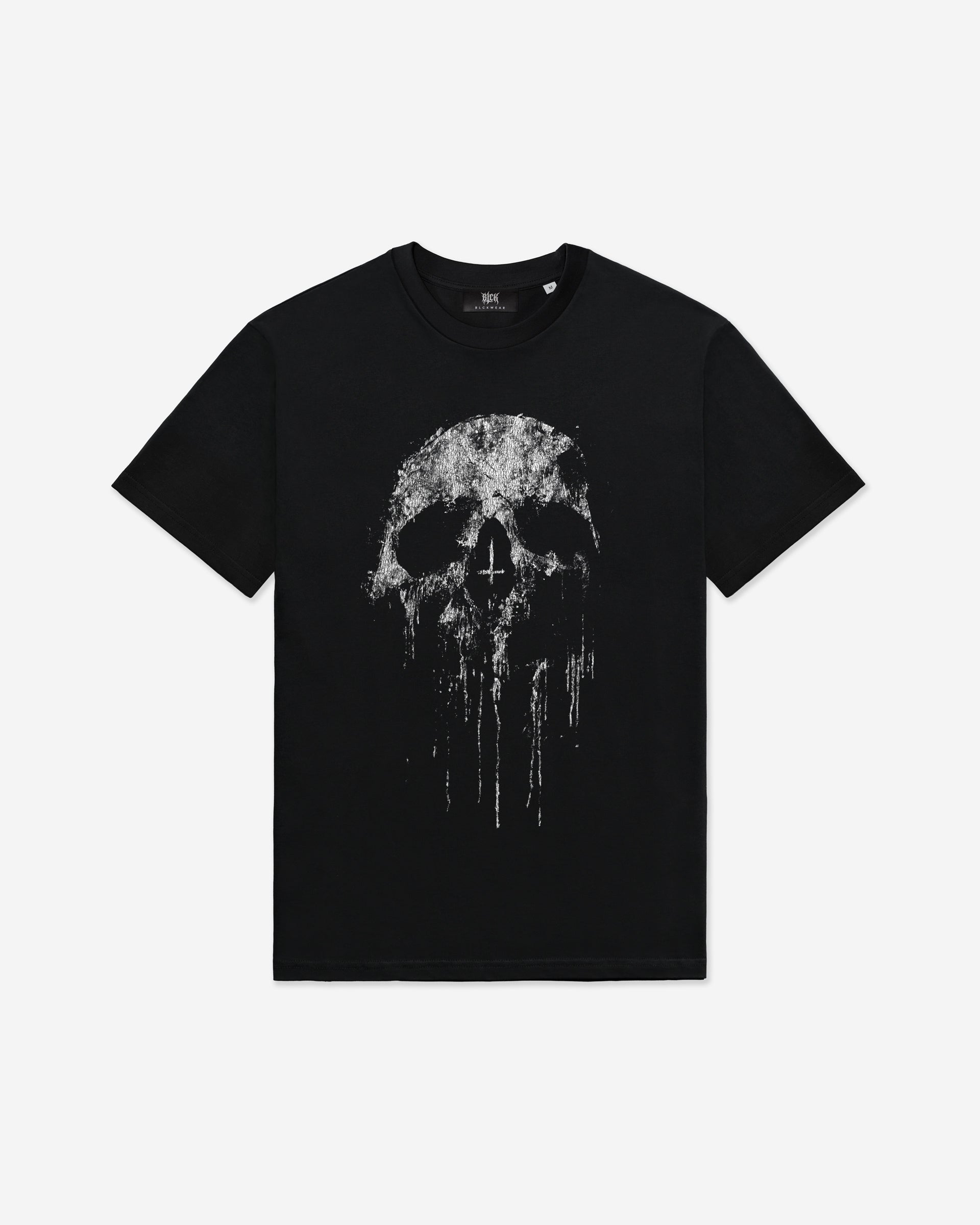 Black t-shirt with a white skull design on a white background