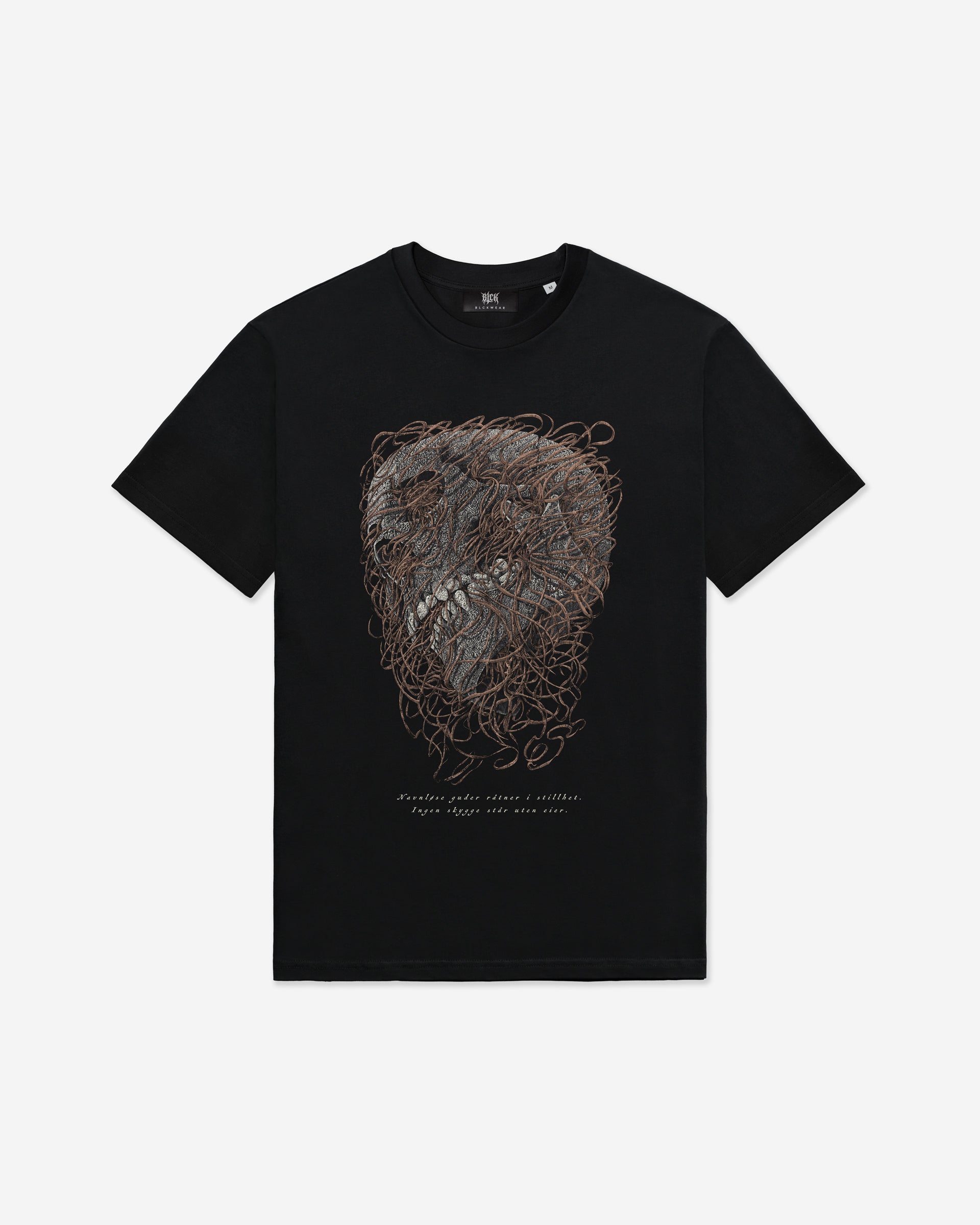 Black t-shirt with a detailed skull design on a white background