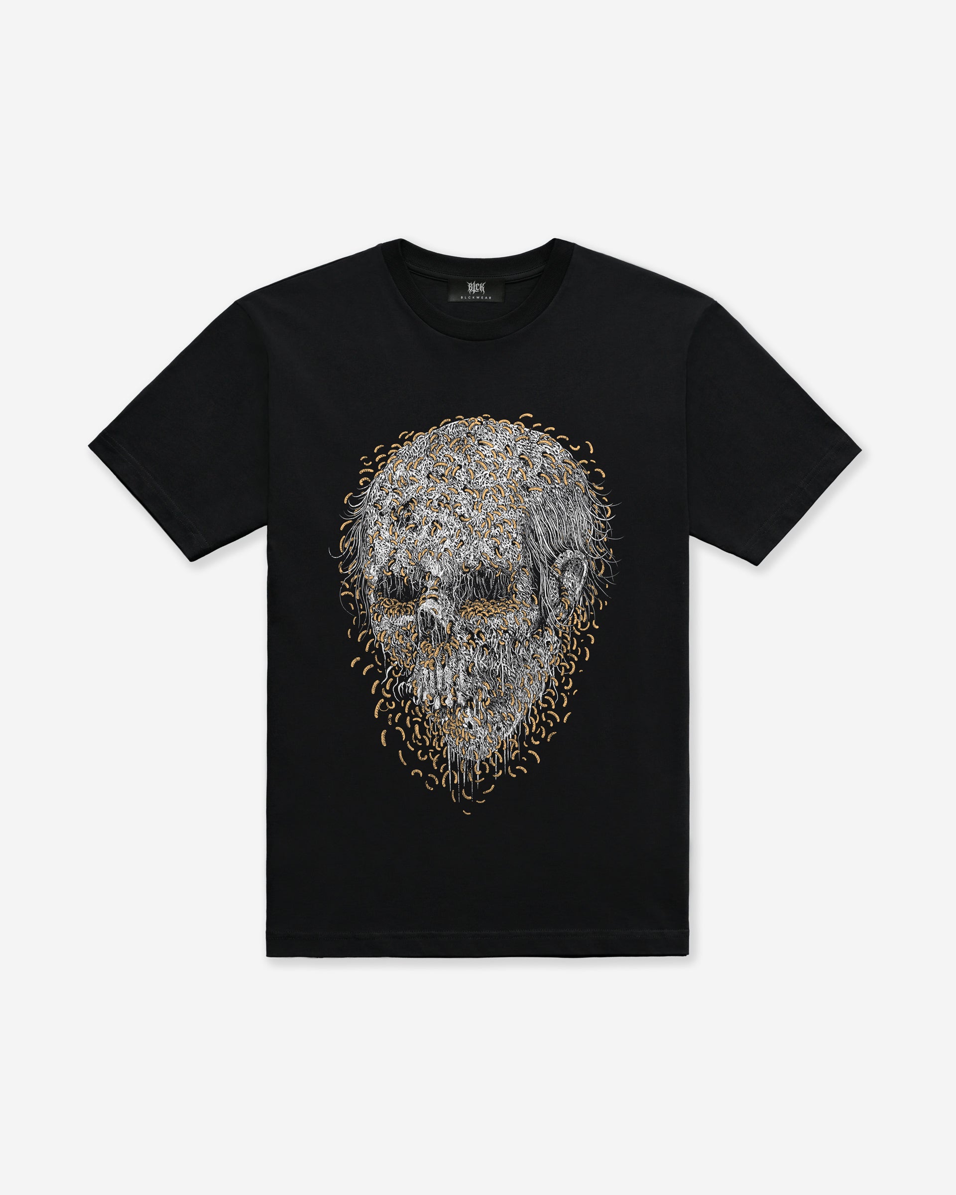 Black t-shirt with a maggots skull design on a white background
