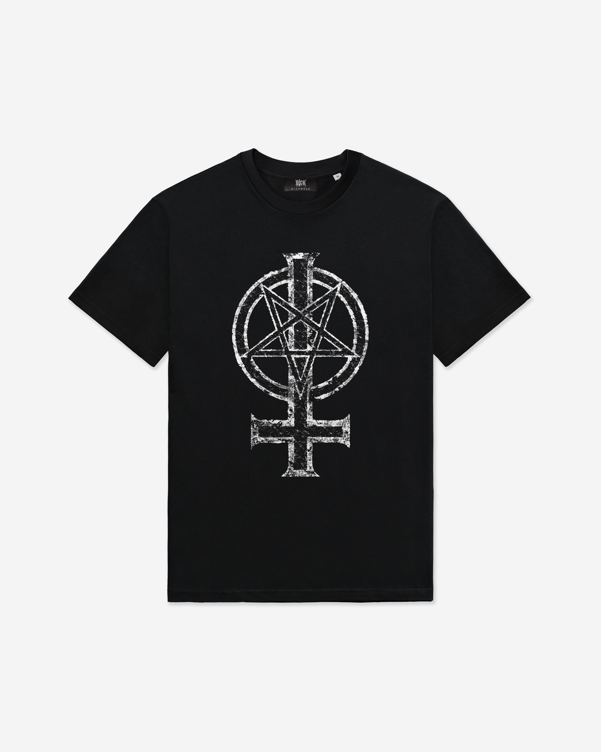 Black t-shirt with a white Pentagram and Cross symbol on a white background
