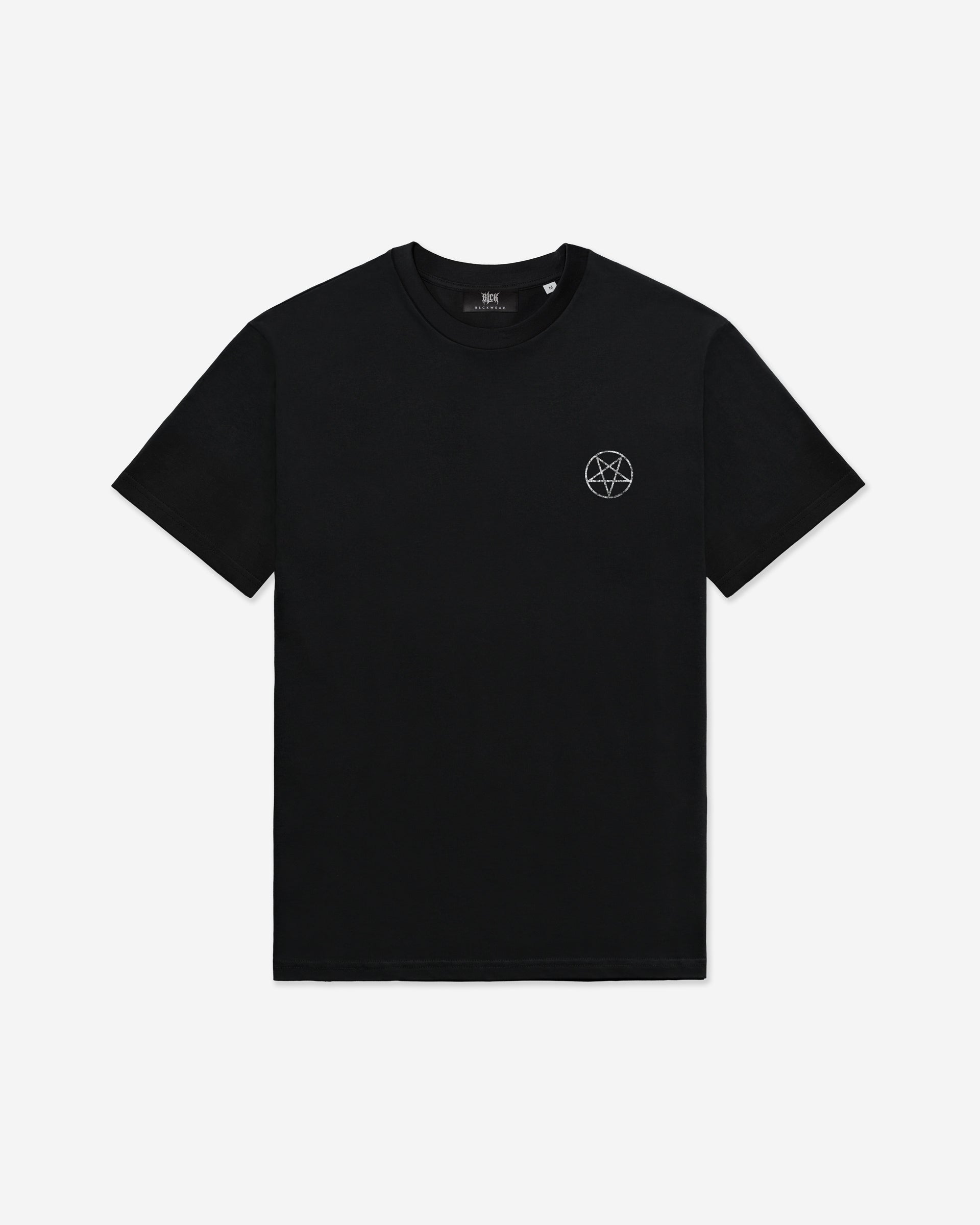 Black t-shirt with a small white Pentagram on a white background
