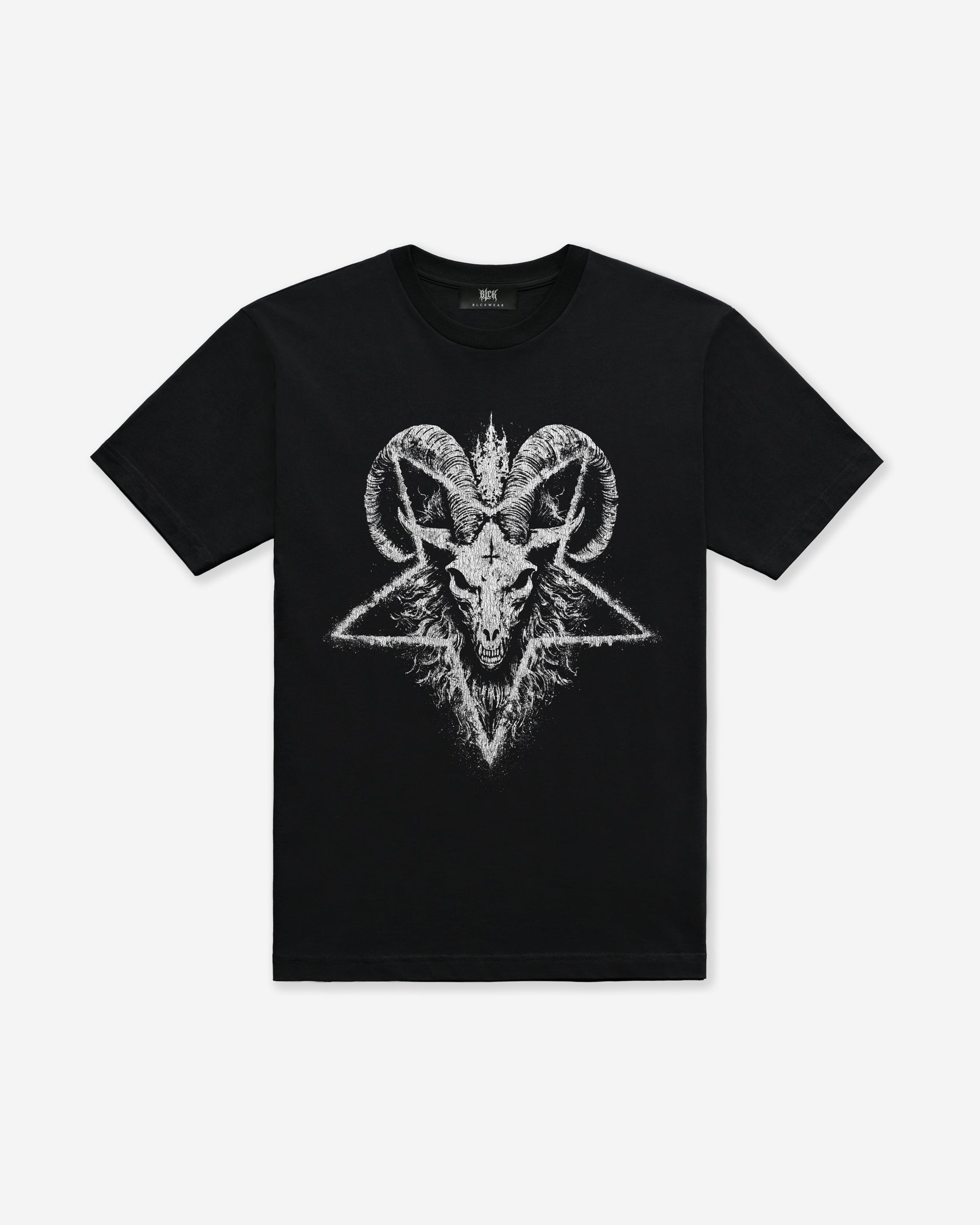 Black t-shirt with white satanic goat head and pentagram design, on a white background
