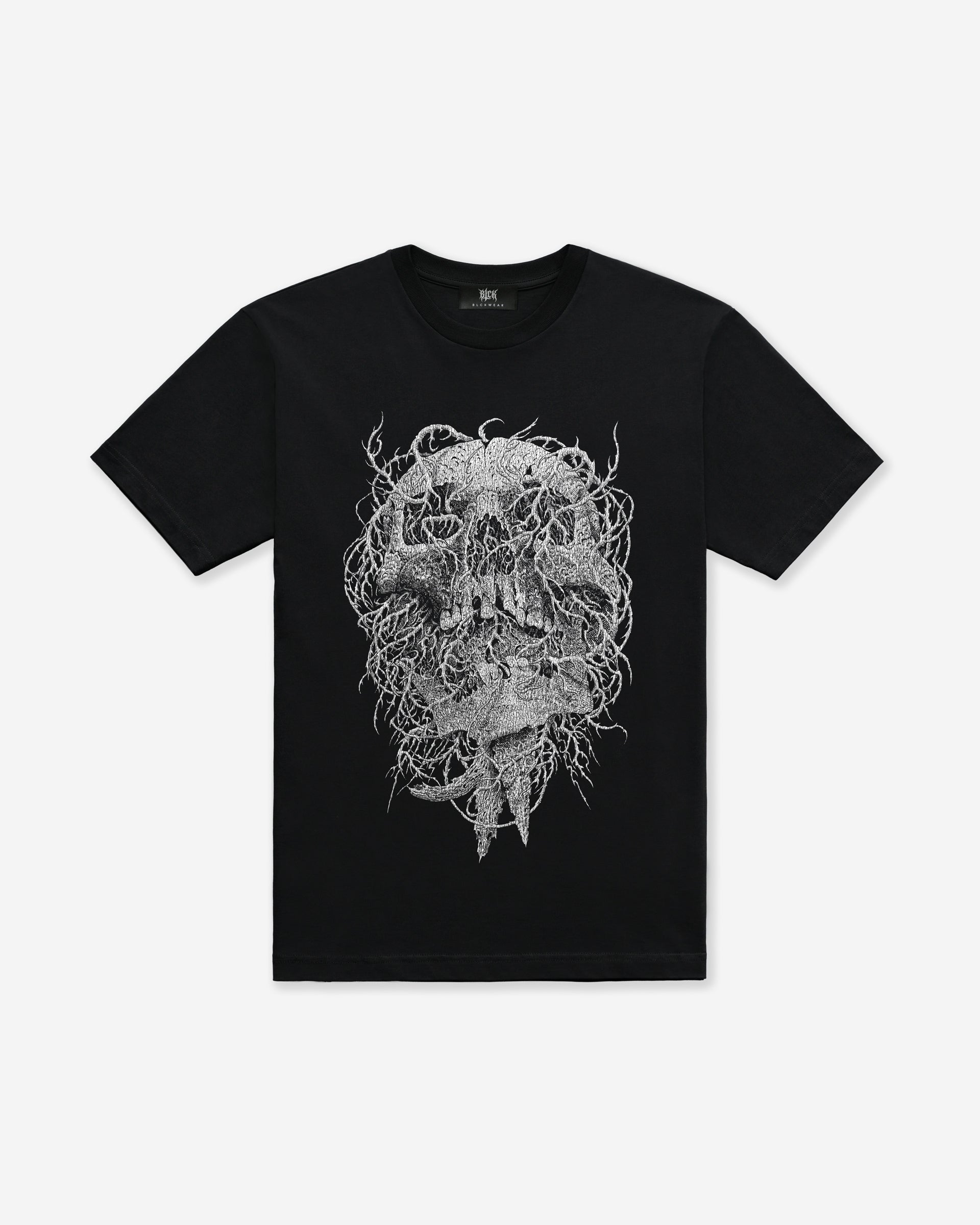 Black t-shirt with an intricate white skull design on a white background