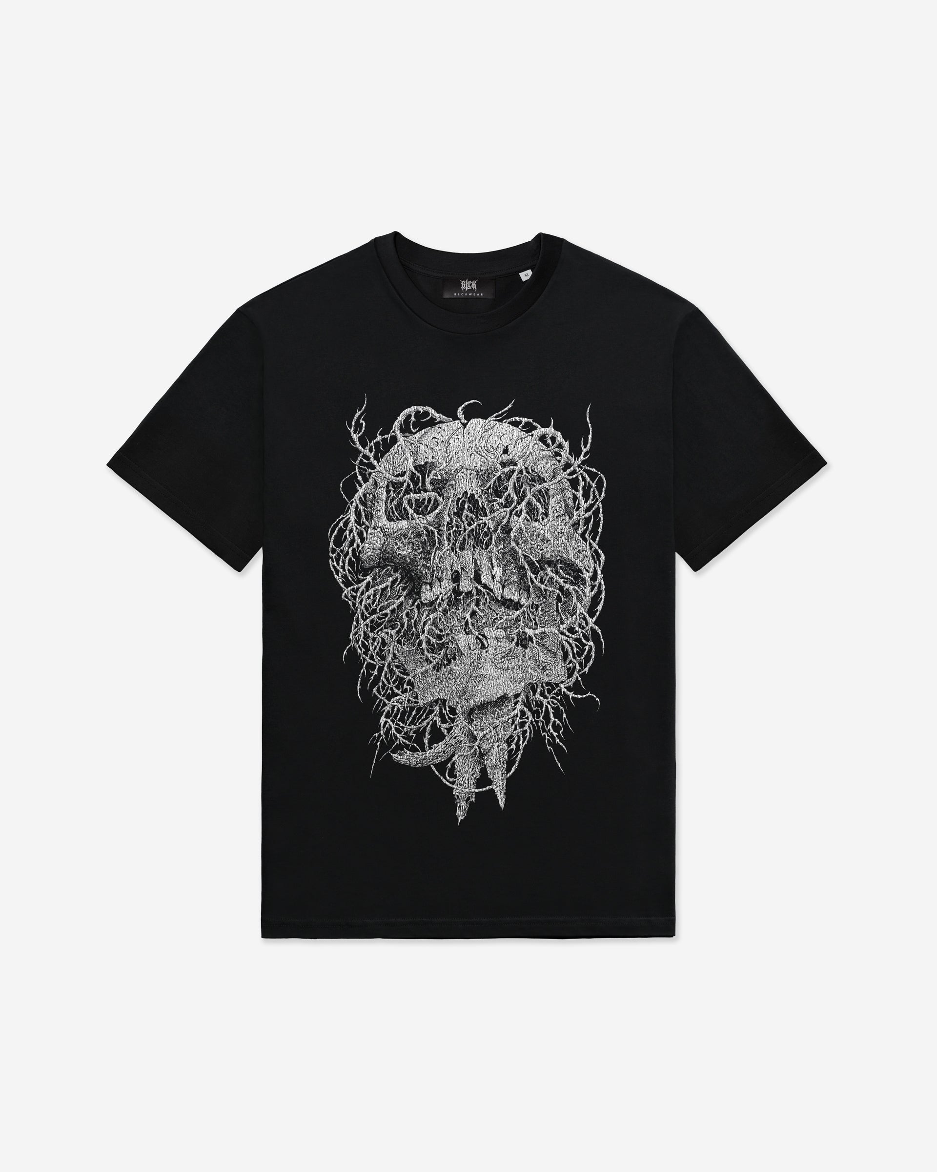 Black t-shirt with an intricate white skull design on a white background