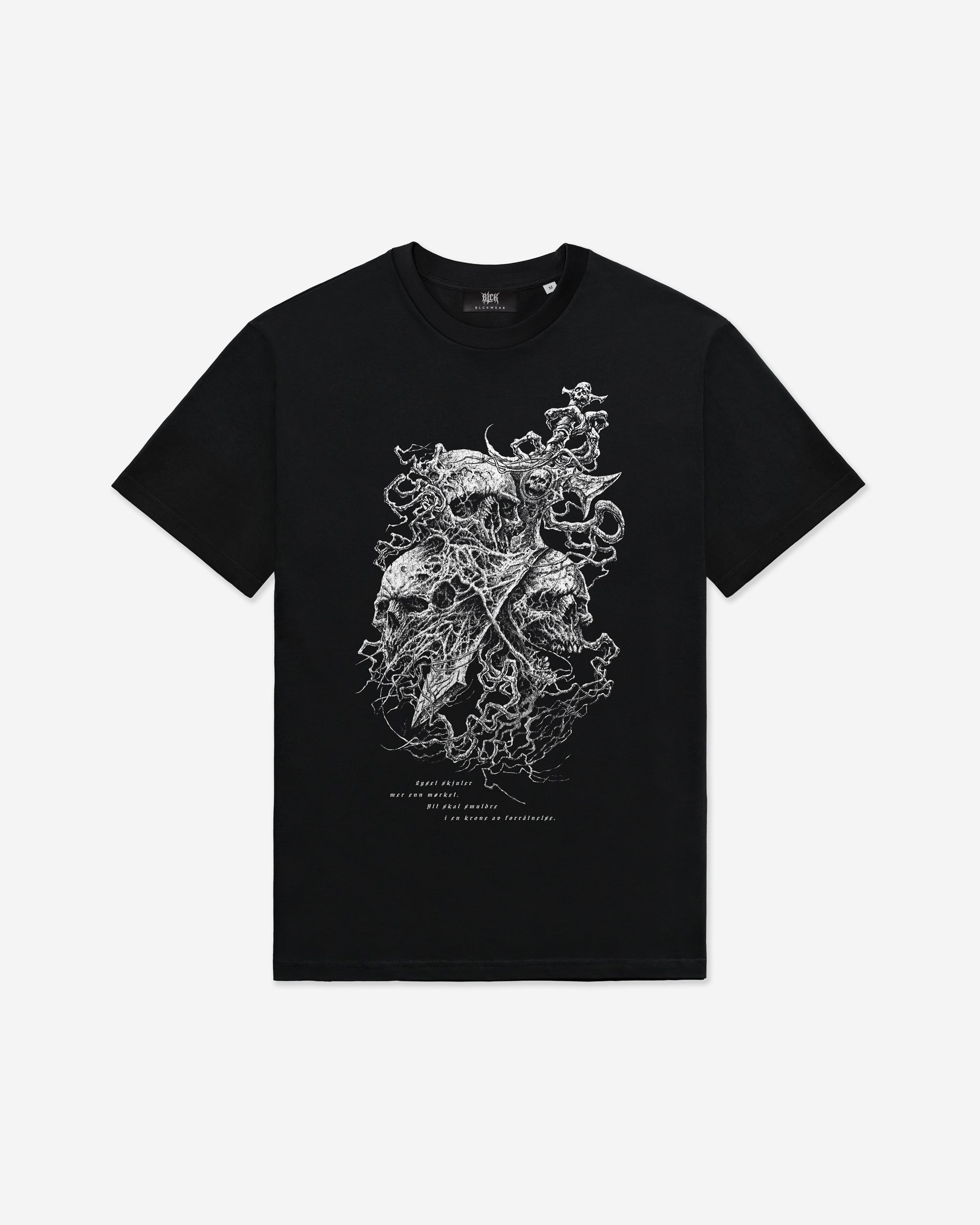 Black t-shirt with white skulls and sword design on a white background