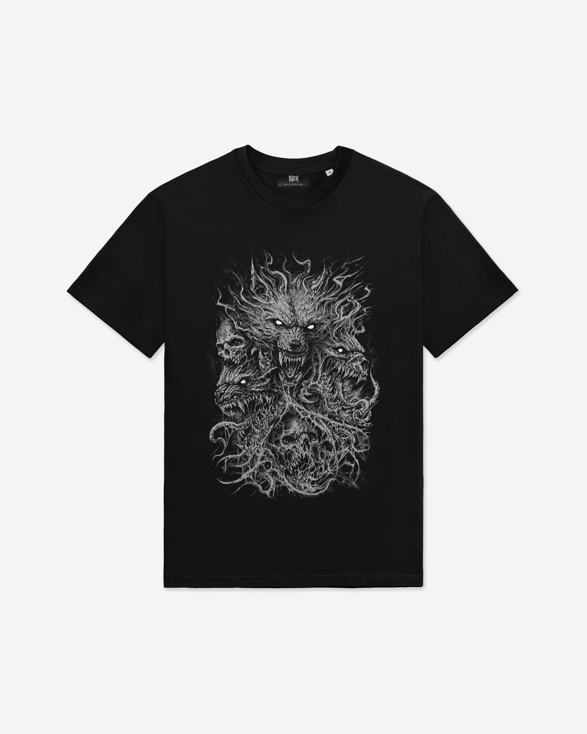 Black t-shirt with a detailed wolves and skulls graphic design on a white background