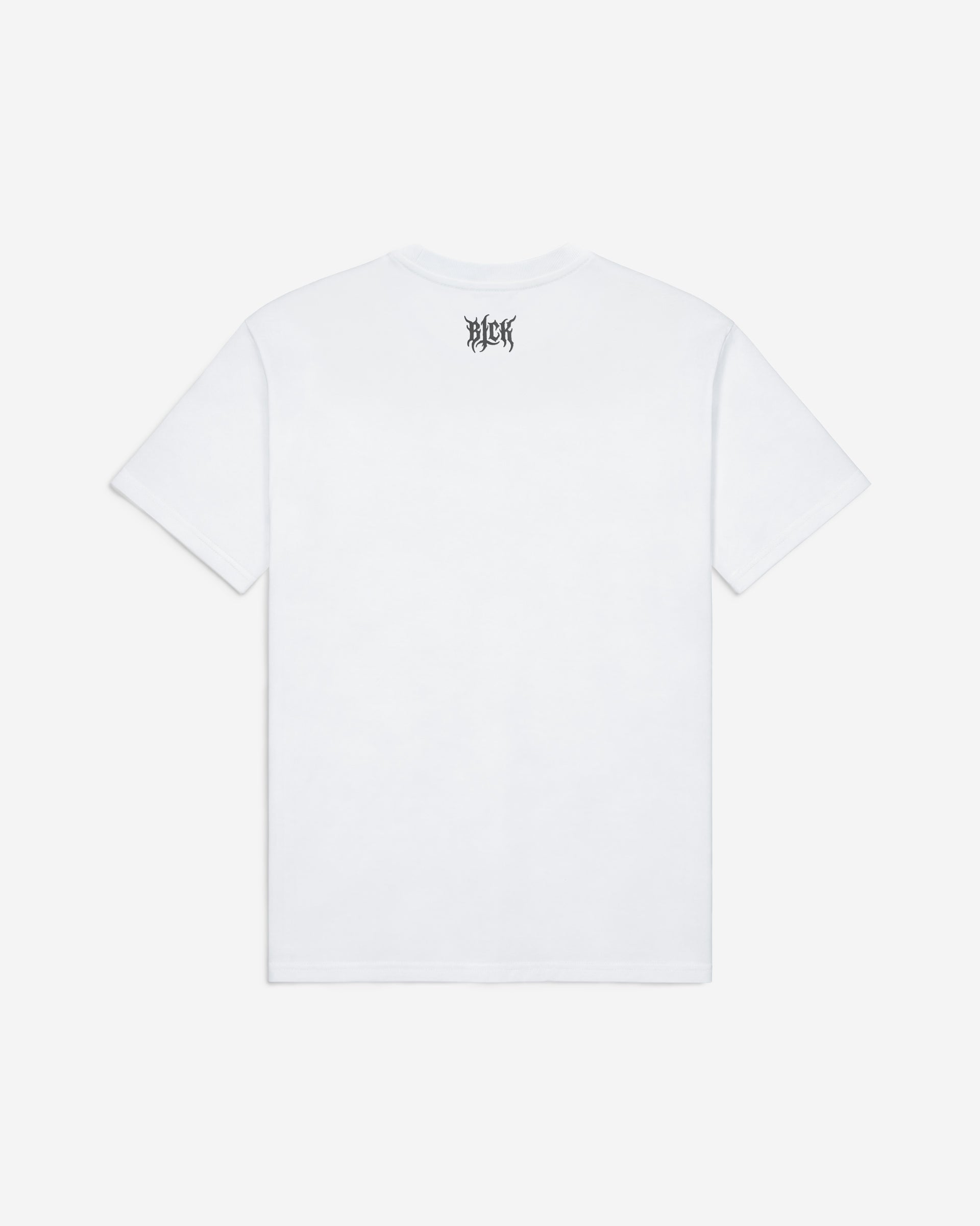 White t-shirt with a small logo on the back neck against a white background