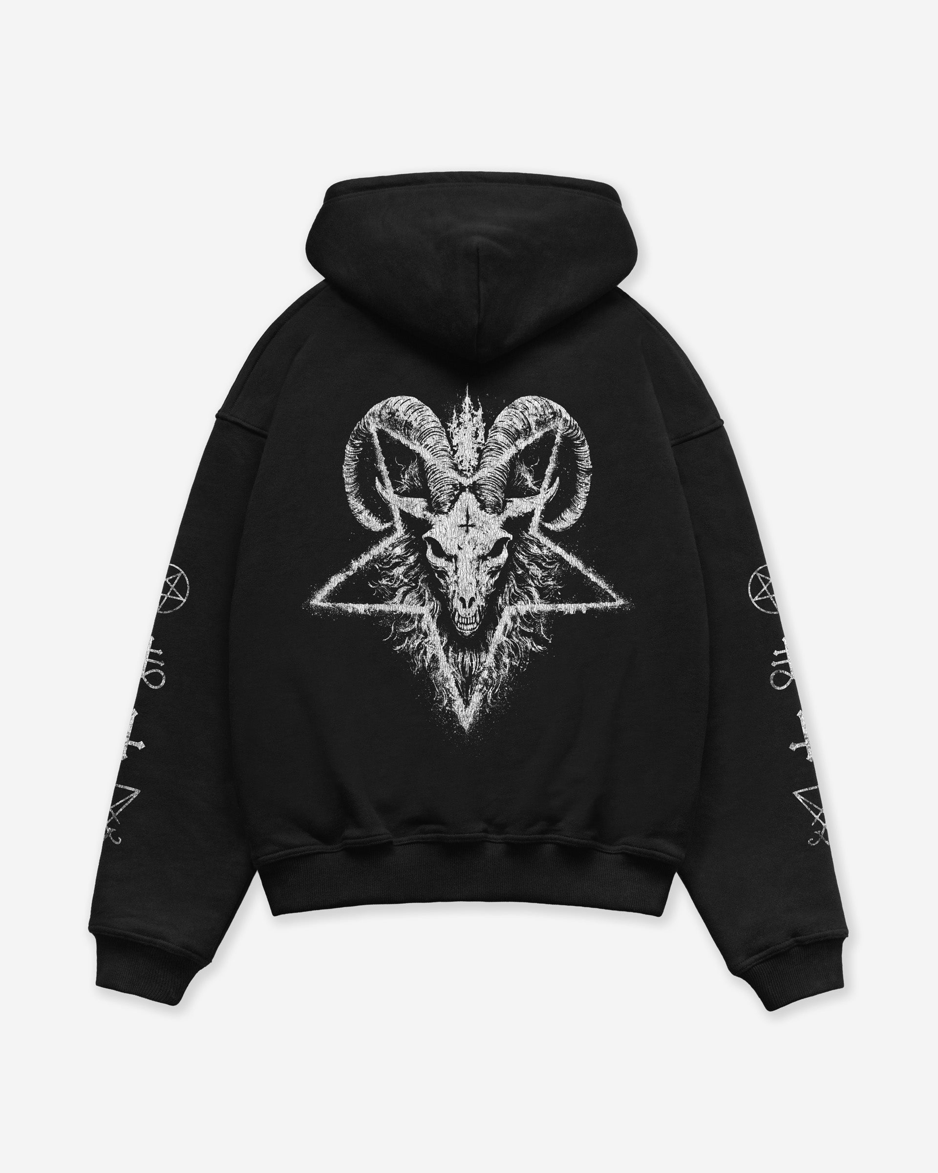 Black zip hoodie with white goat head and pentagram design on a white background