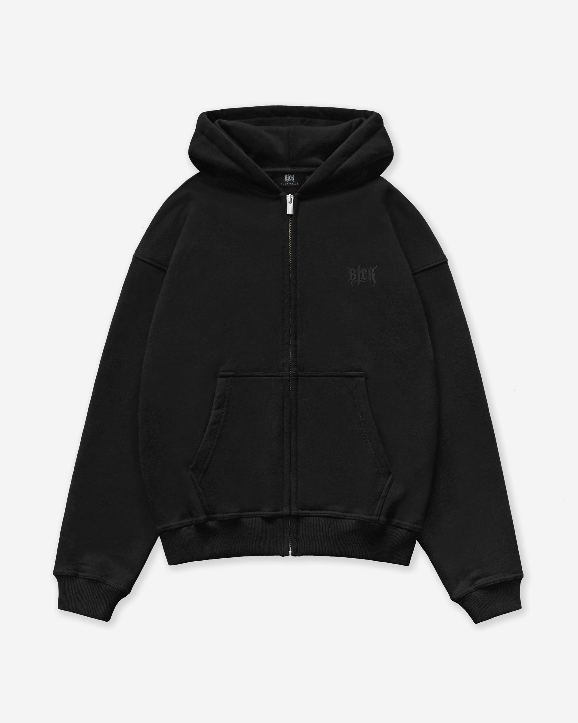 Black zip hoodie with a small BLCK logo on the left chest, on a light gray background
