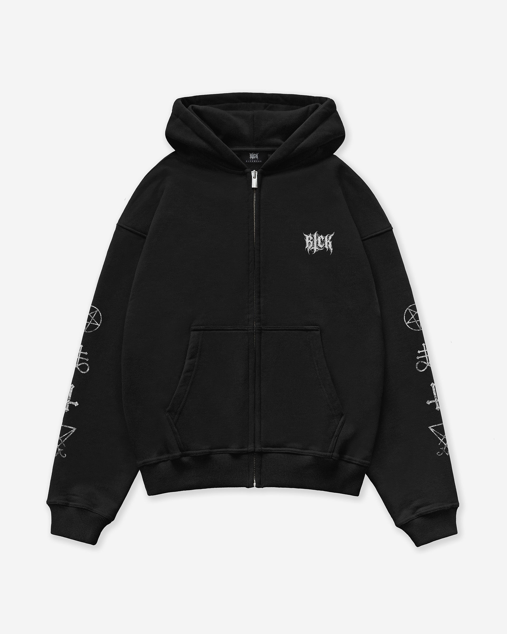 Black zip hoodie with satanic symbols on the sleeves on a white background