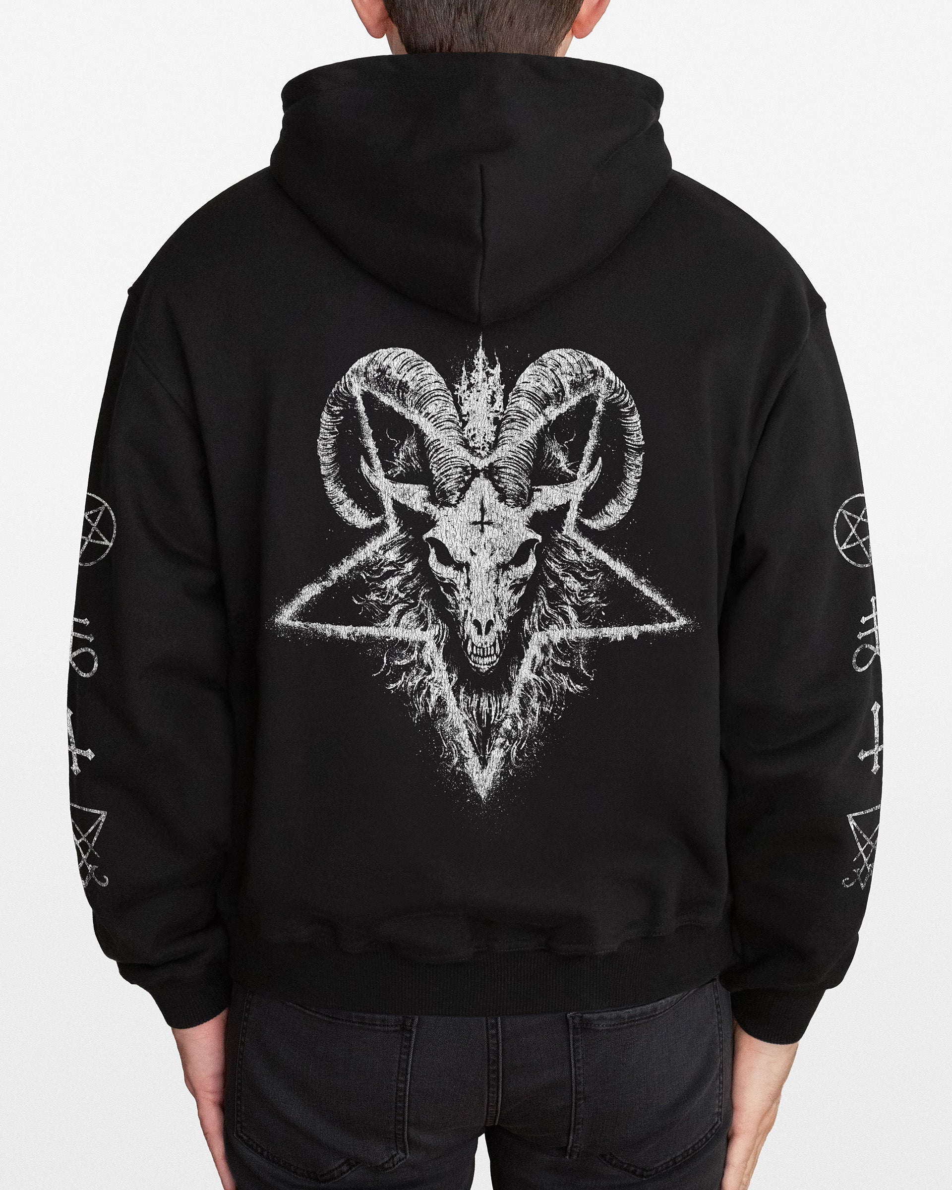 Black zip hoodie with a goat head and pentagram design on the back, worn by a person.