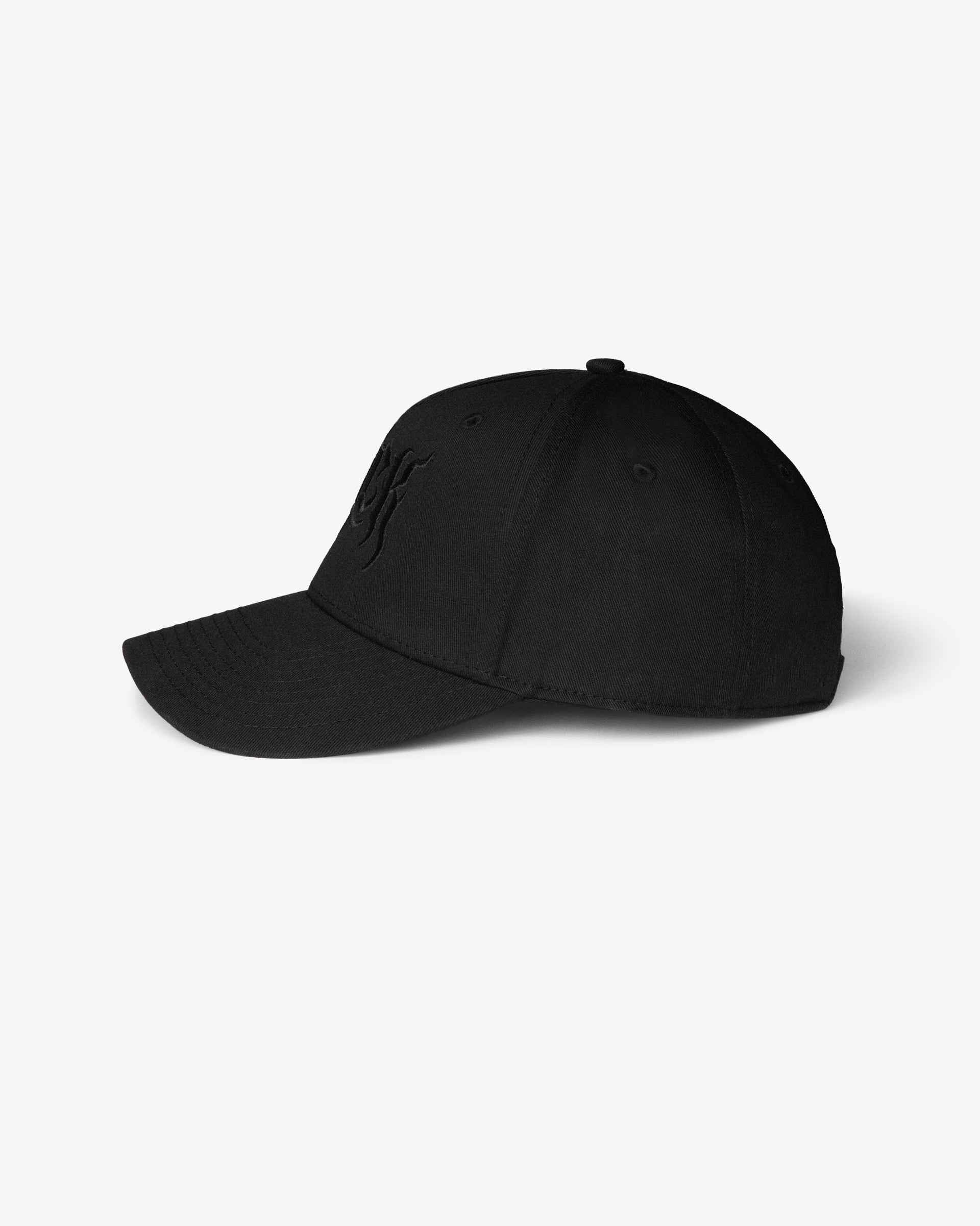 Black cap with embroidered  'BLCK' logo on a white background