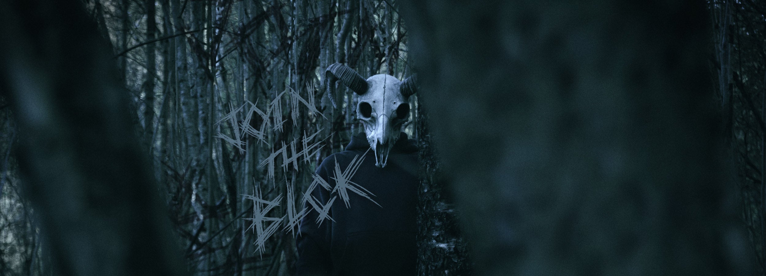 Person wearing a satanic goat skull mask in a dark forest