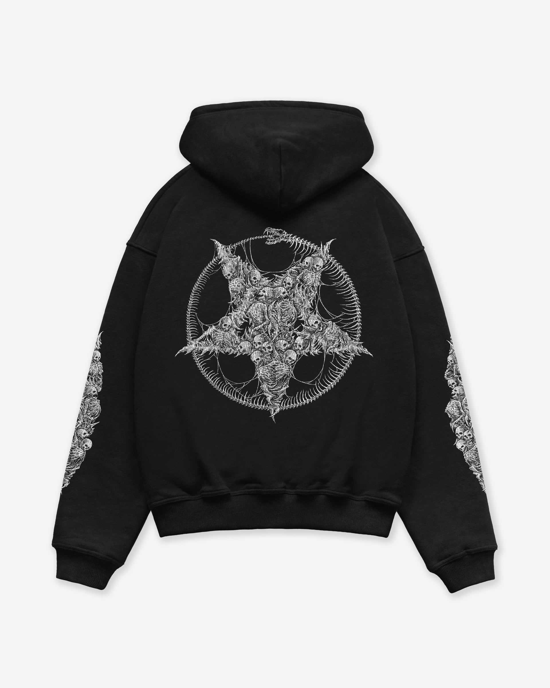 Black hoodie with a white pentagram skulls design on the back, on a white background