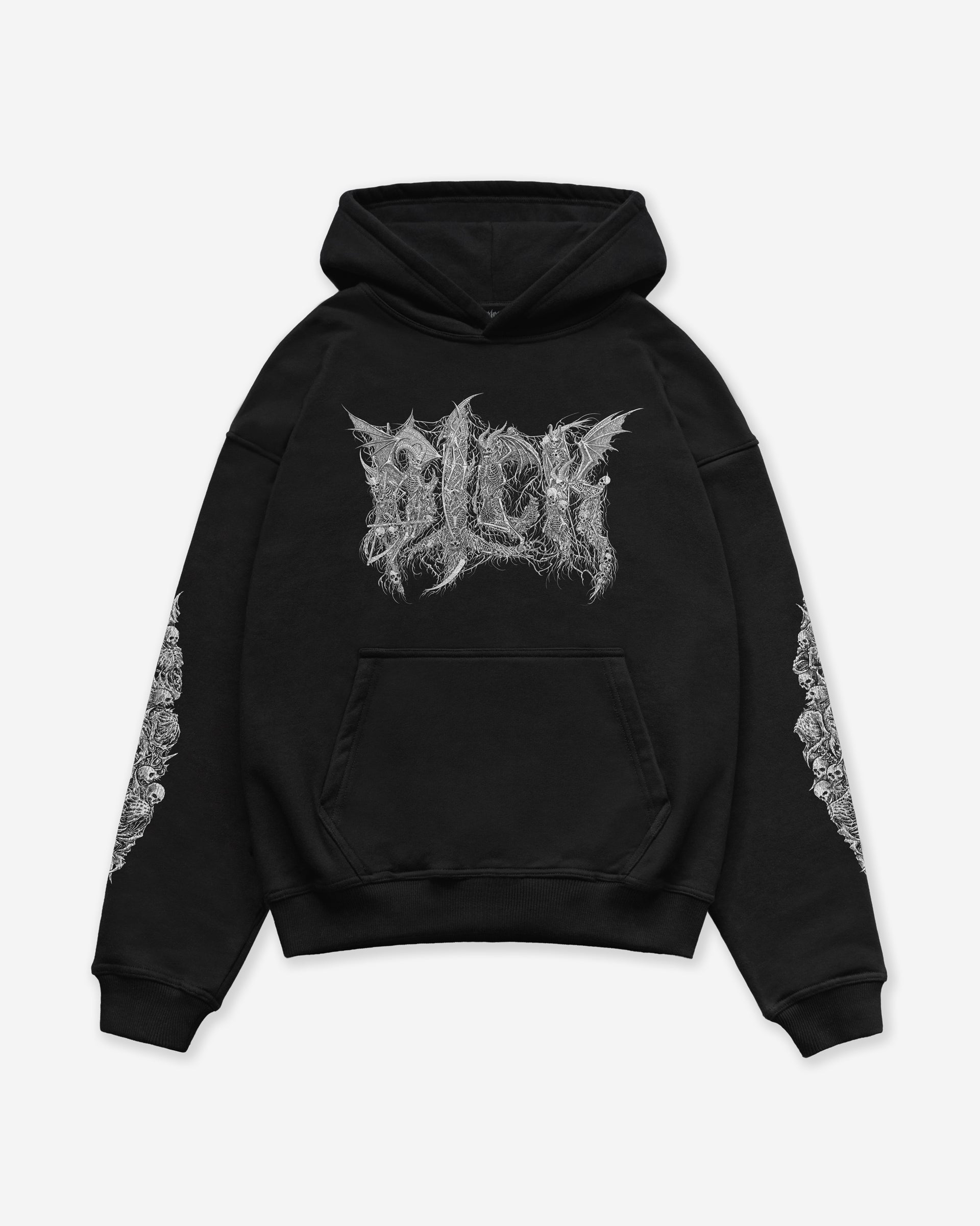 Black hoodie with an intricate white BLCK logo skeletons design on sleeves and back on a white background