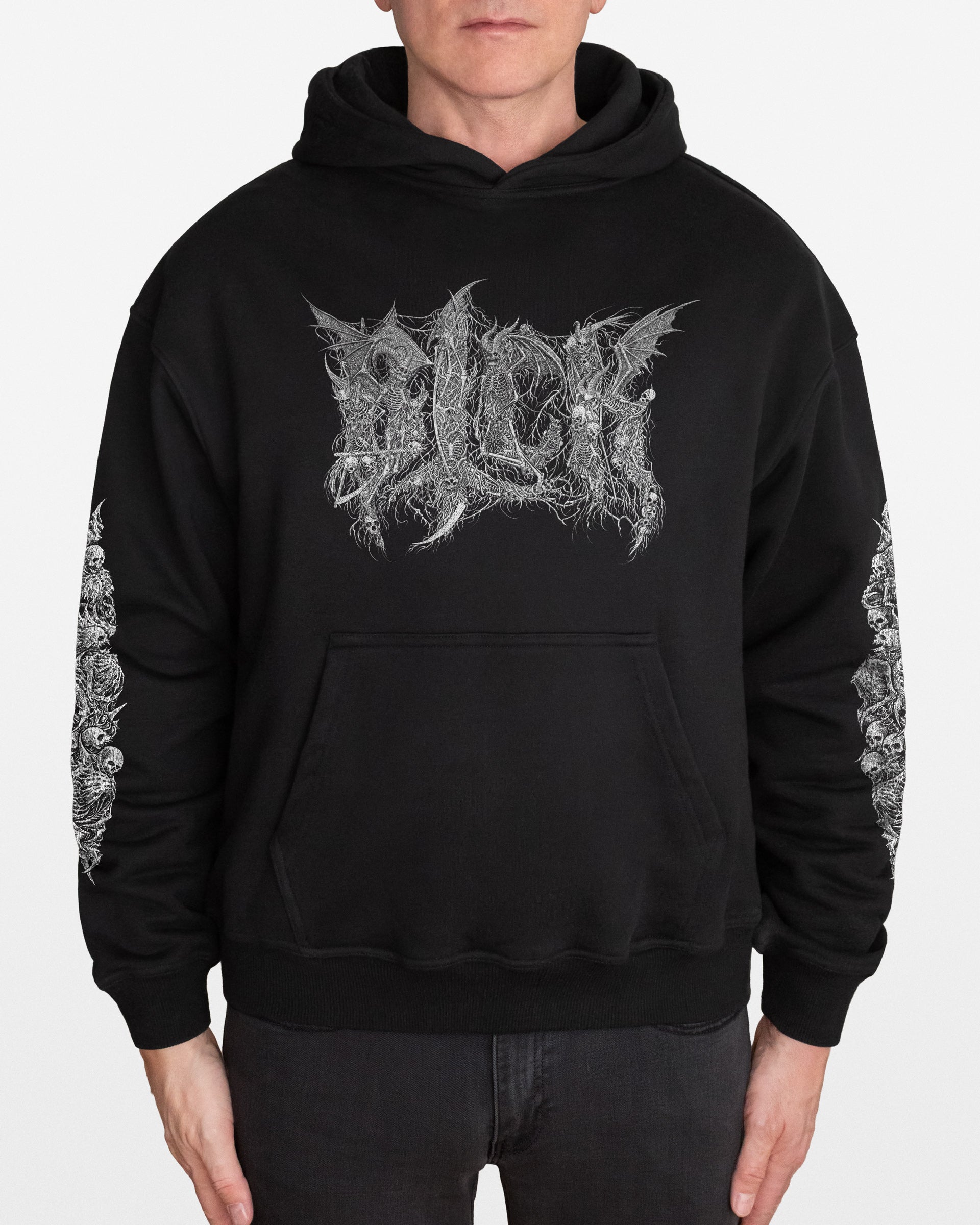 Black hoodie with an intricate BLCK logo skeletons design, on a white background