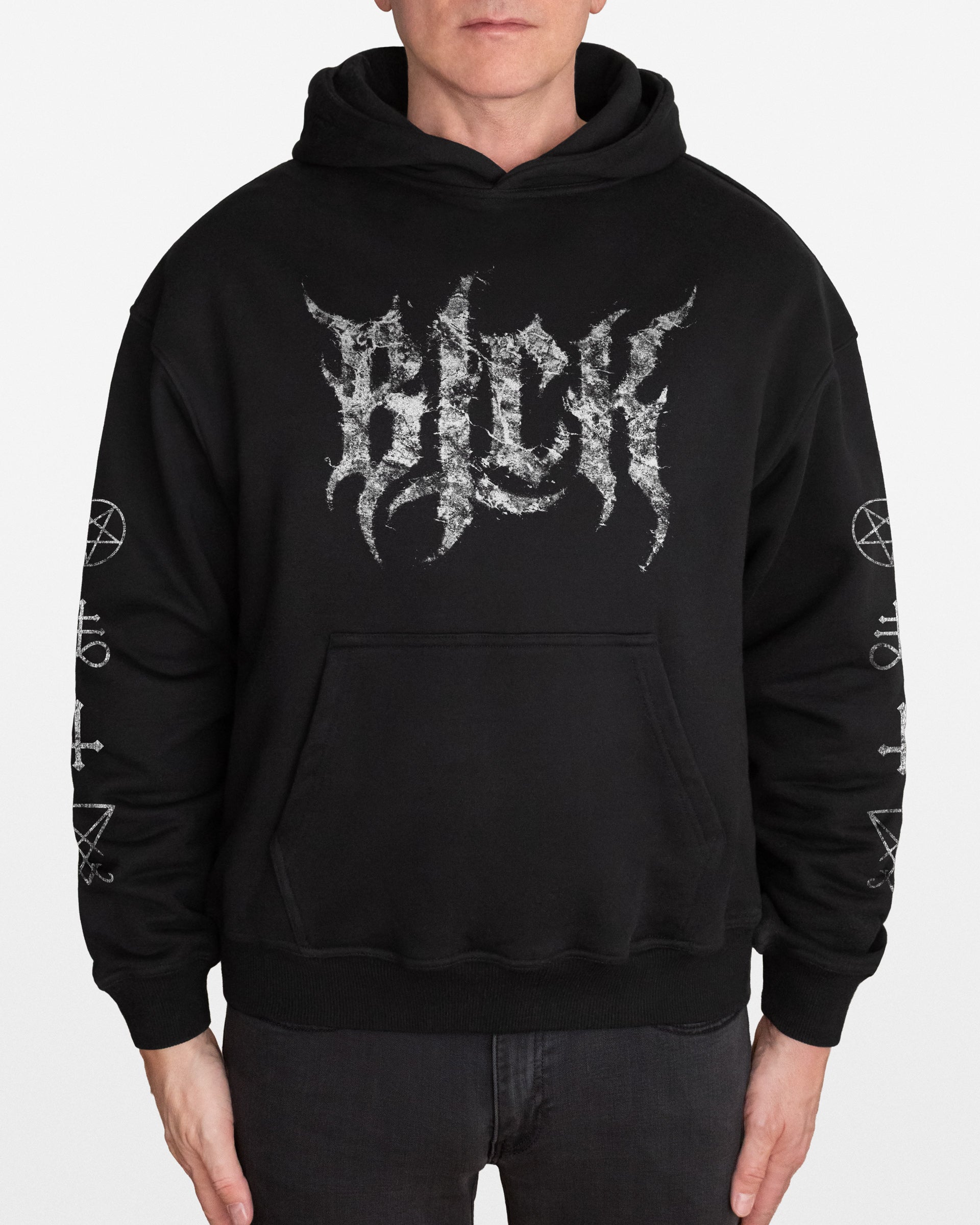 Black hoodie with white distressed BLCK logo design, worn by a person on a white background