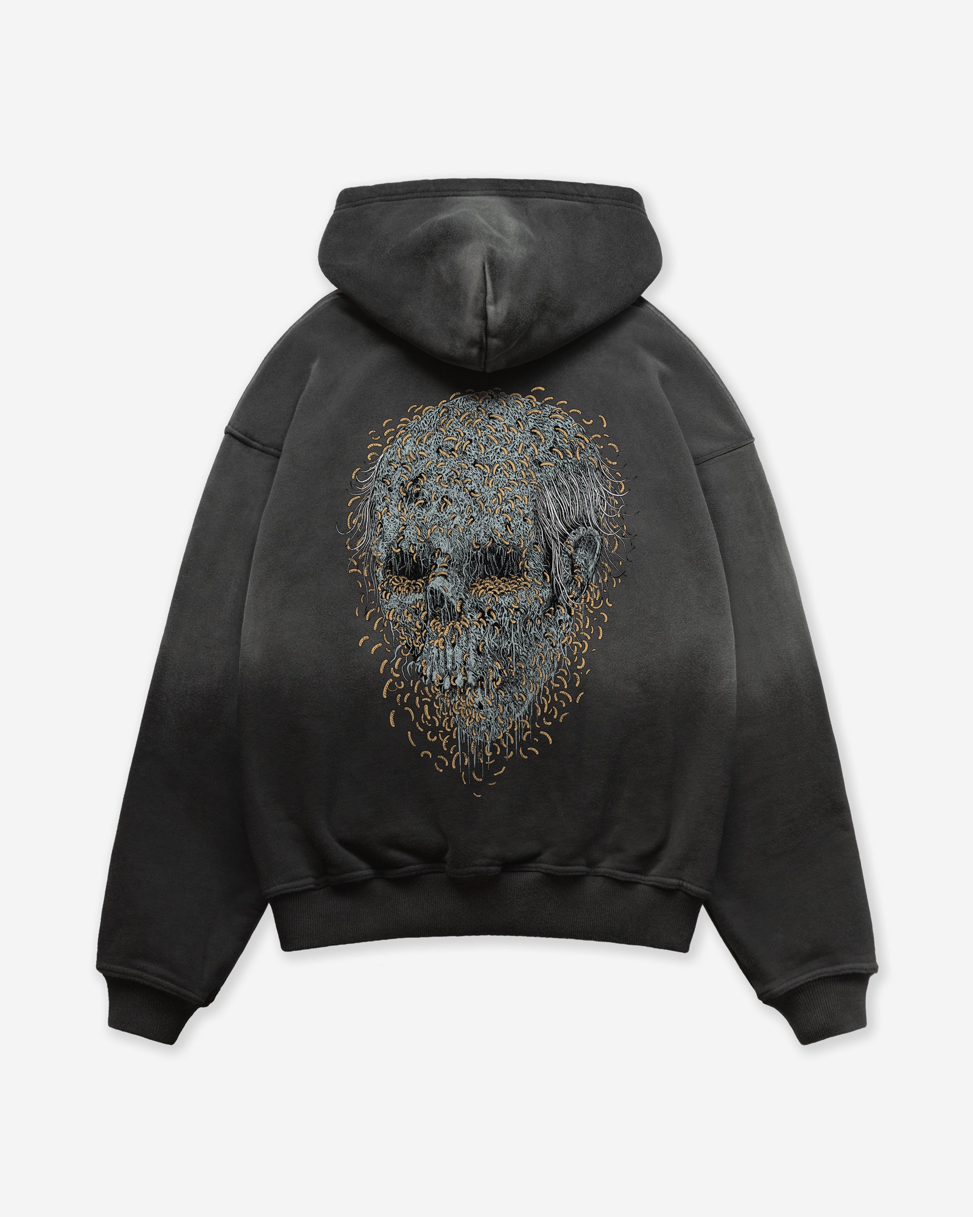 Dark gray sun faded hoodie with a maggots skull design on the back, on a white background