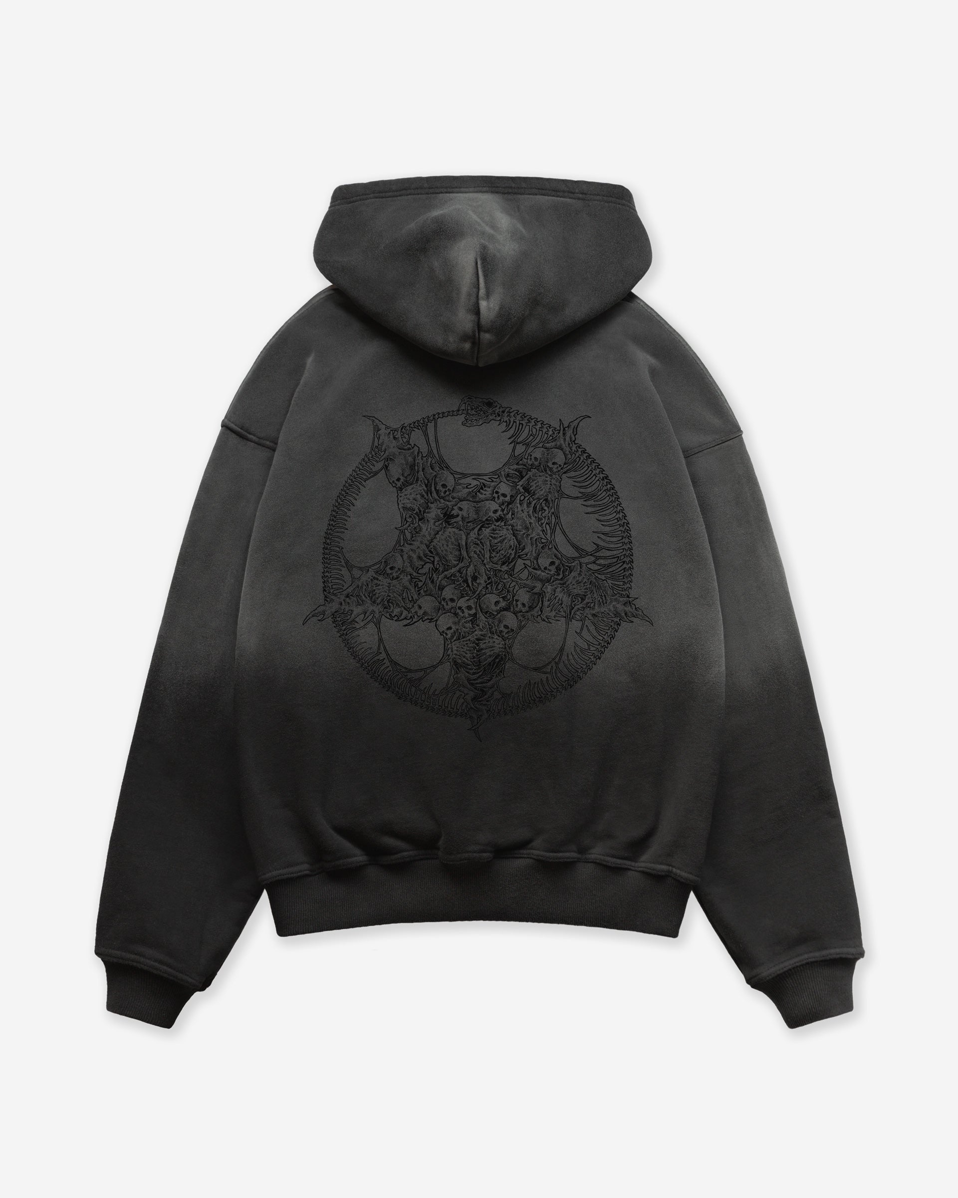 Dark gray sun faded hoodie with a black pentagram skulls design on the back, on a white background
