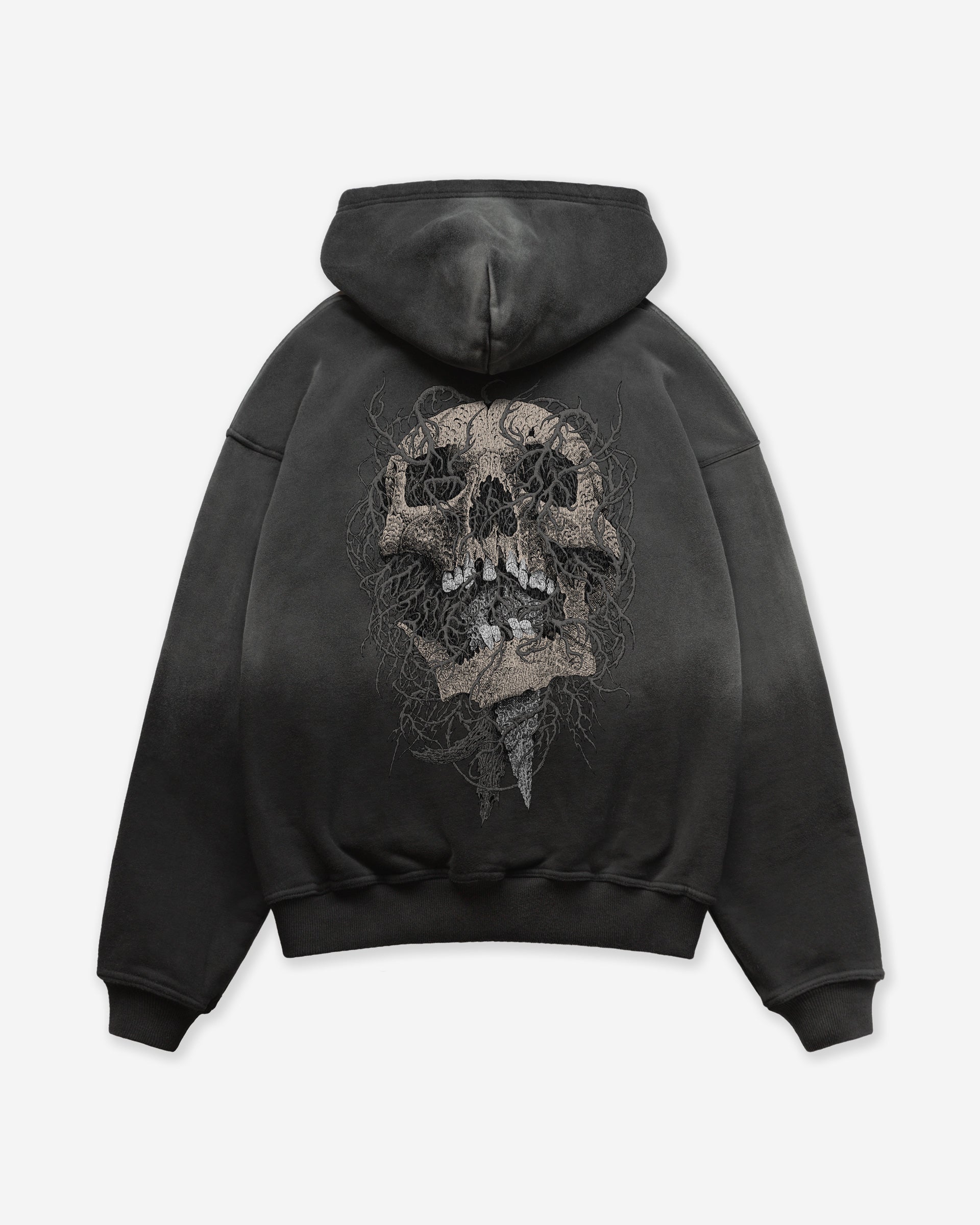 Dark gray sun faded hoodie with a skull design on the back against a white background
