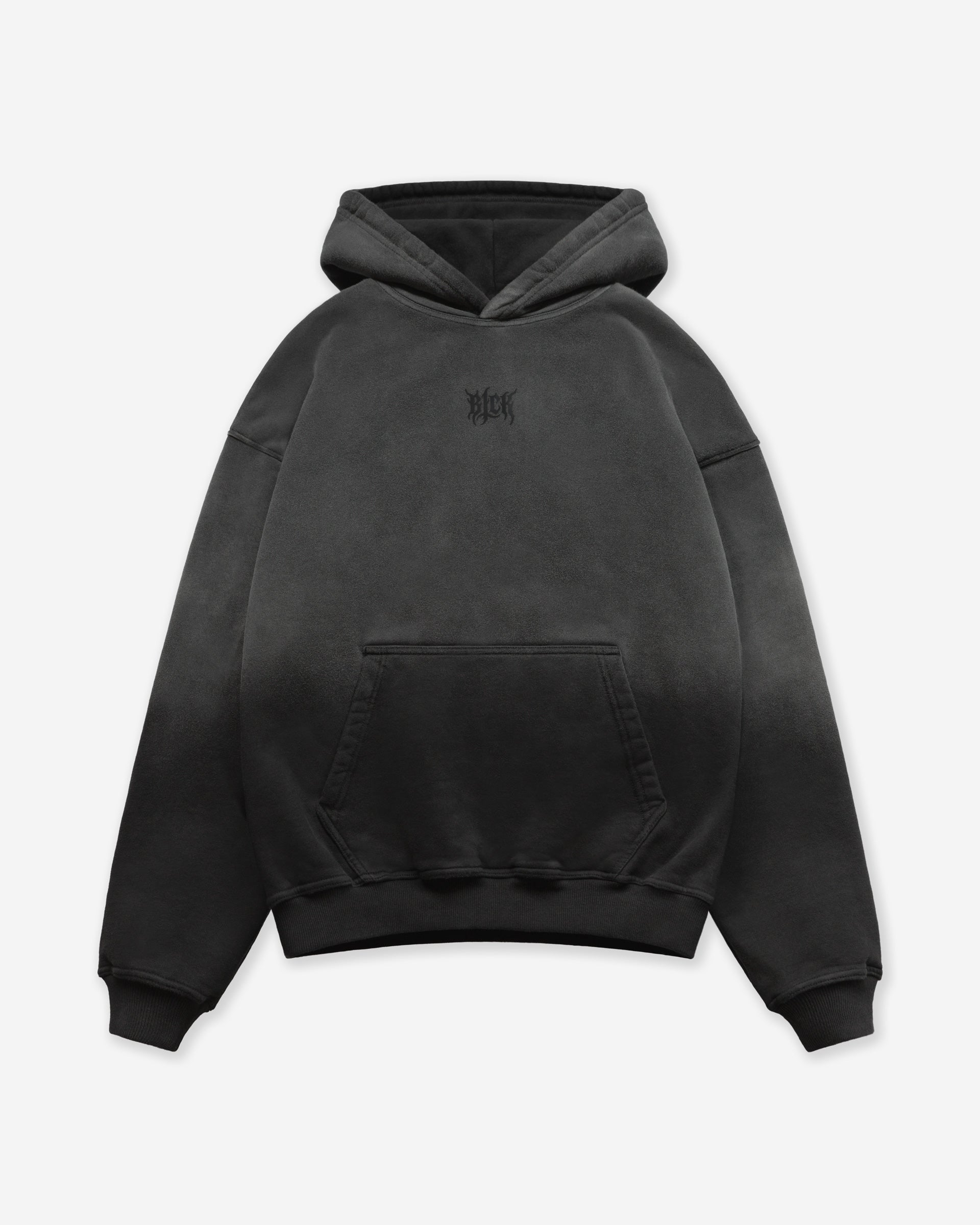 Dark gray sun faded hoodie with a small BLCK logo on the upper chest, on a white background