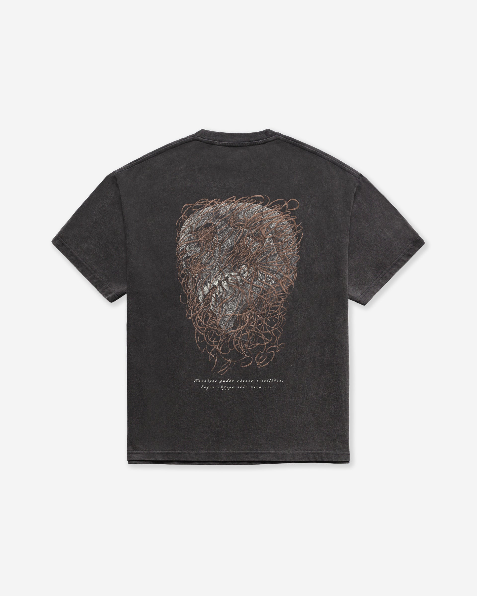 A dark gray acid wash oversized t-shirt with a distressed skull design on the back, on a white background