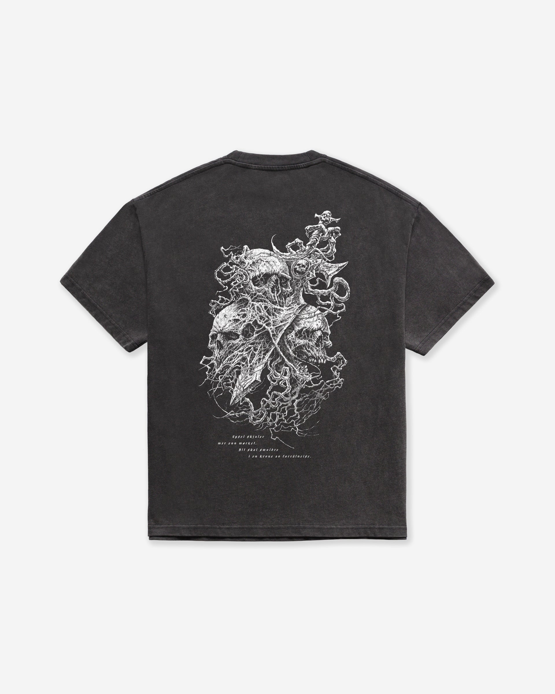 Dark gray acid washed t-shirt with a white Skulls and Sword design on a white background