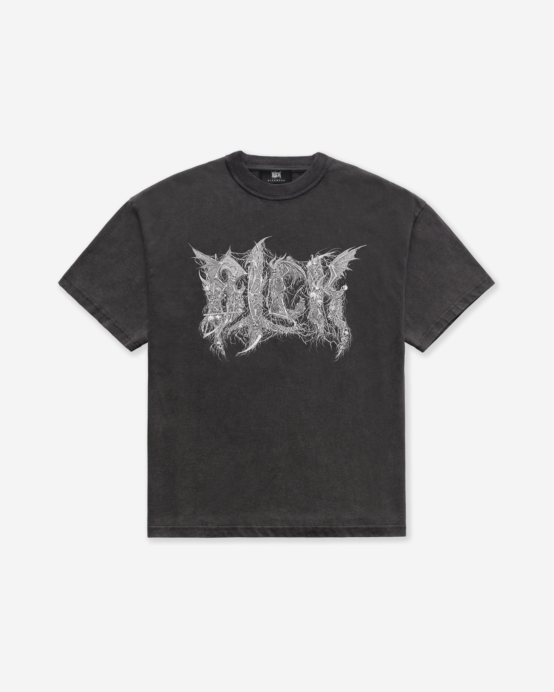 A dark gray acid wash oversized t-shirt with an intricate BLCK logo skeletons design, on a white background