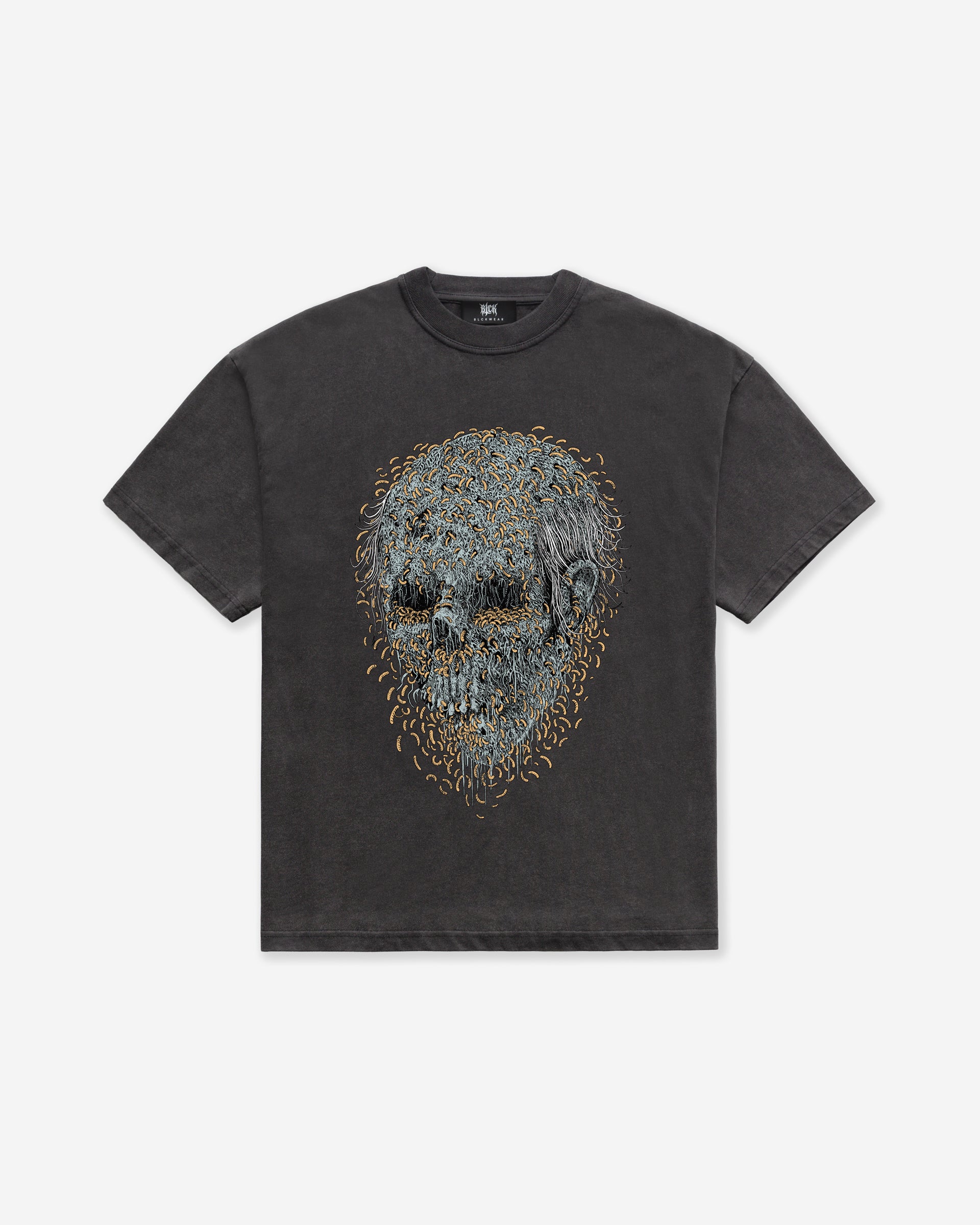 A dark gray acid wash oversized t-shirt with a maggot skull design, on a white background