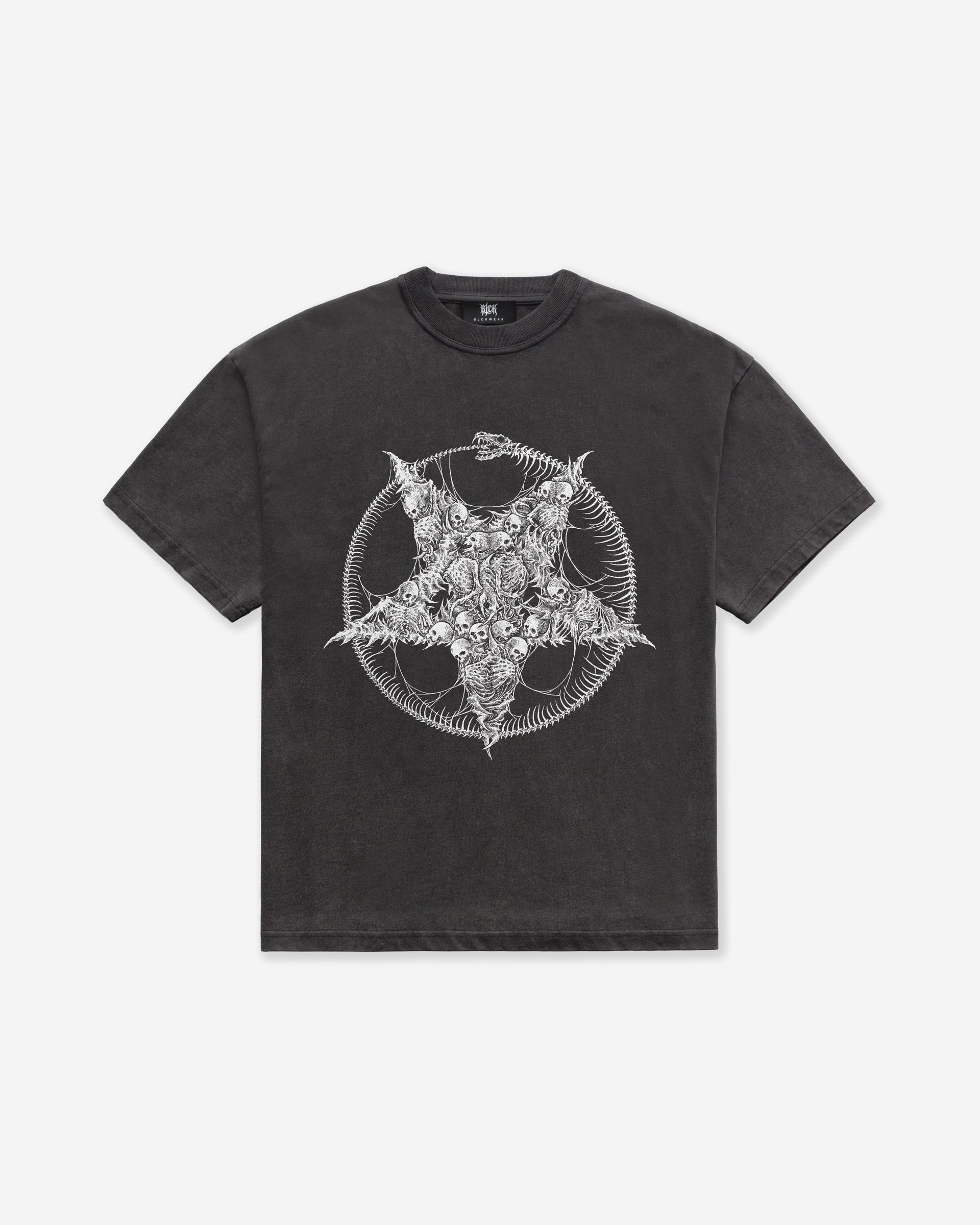 Black t-shirt with a white pentagram design on a white background