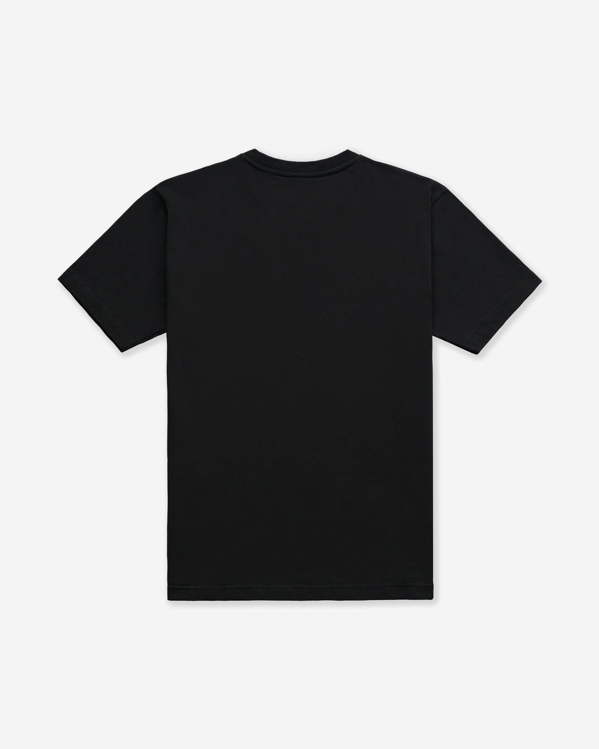 Back of a black t-shirt on a white background