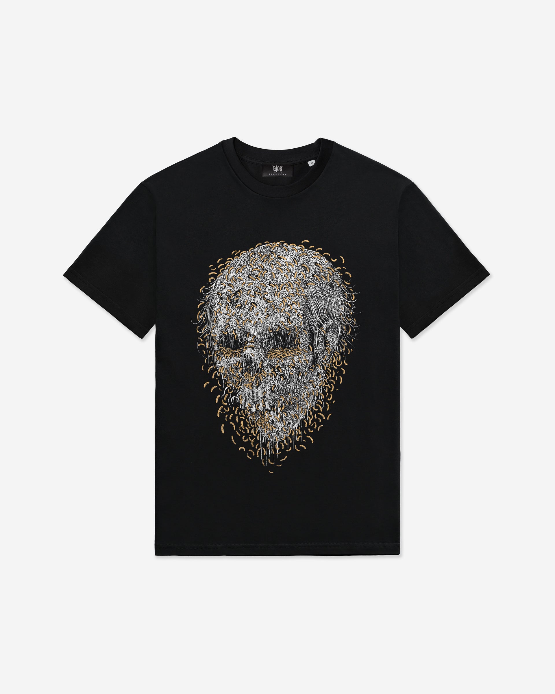 Black t-shirt with a maggots skull design on a white background