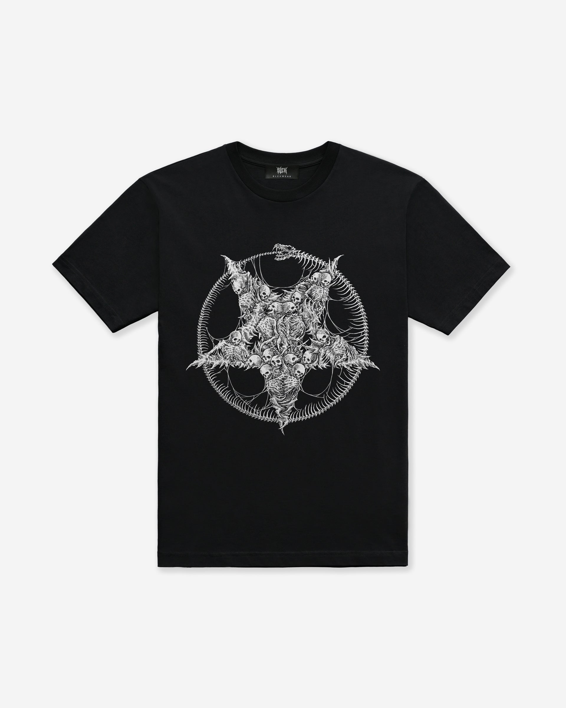 Black t-shirt with a white pentagram skeletons design, on a white background