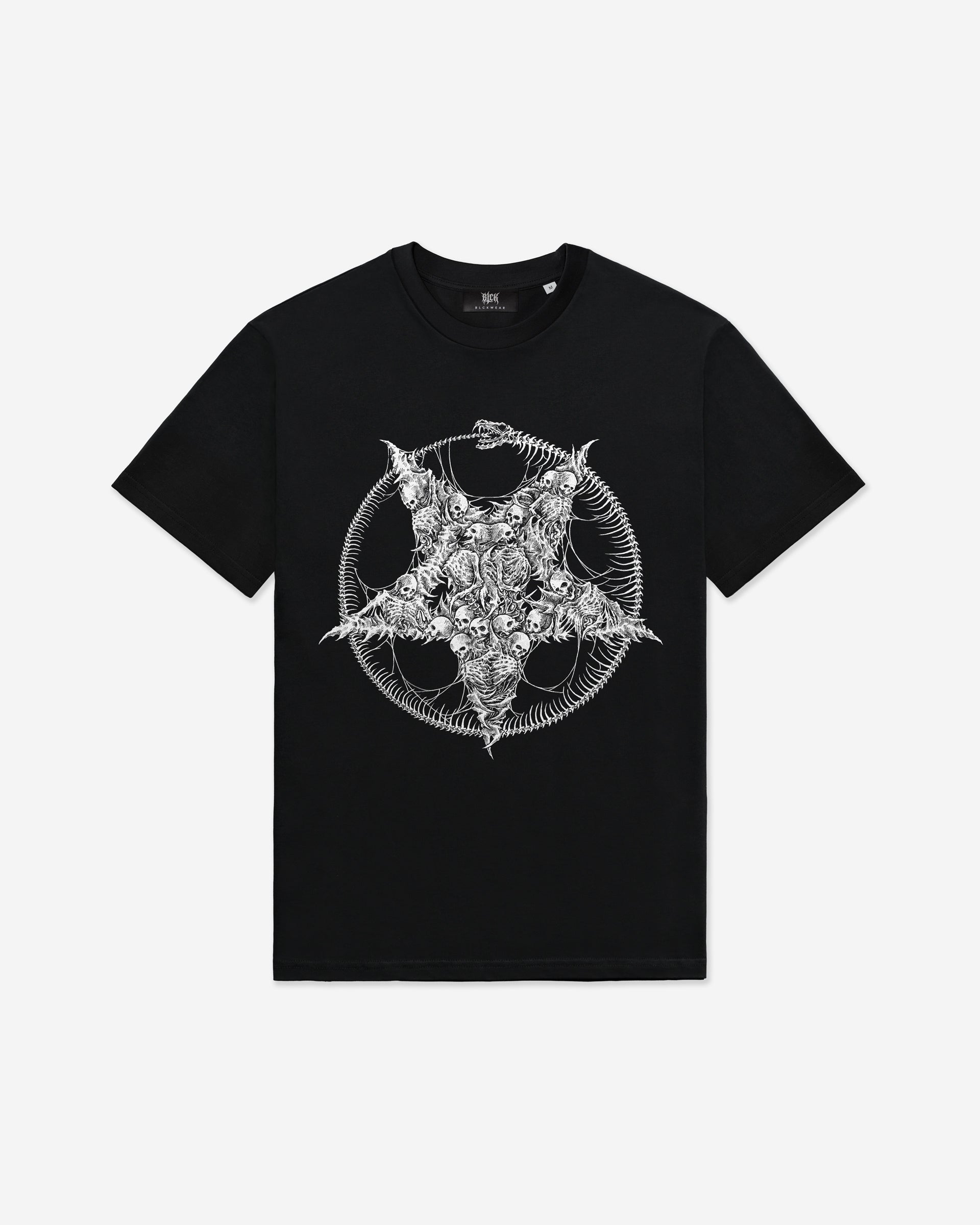 Black t-shirt with a white pentagram skeletons design, on a white background