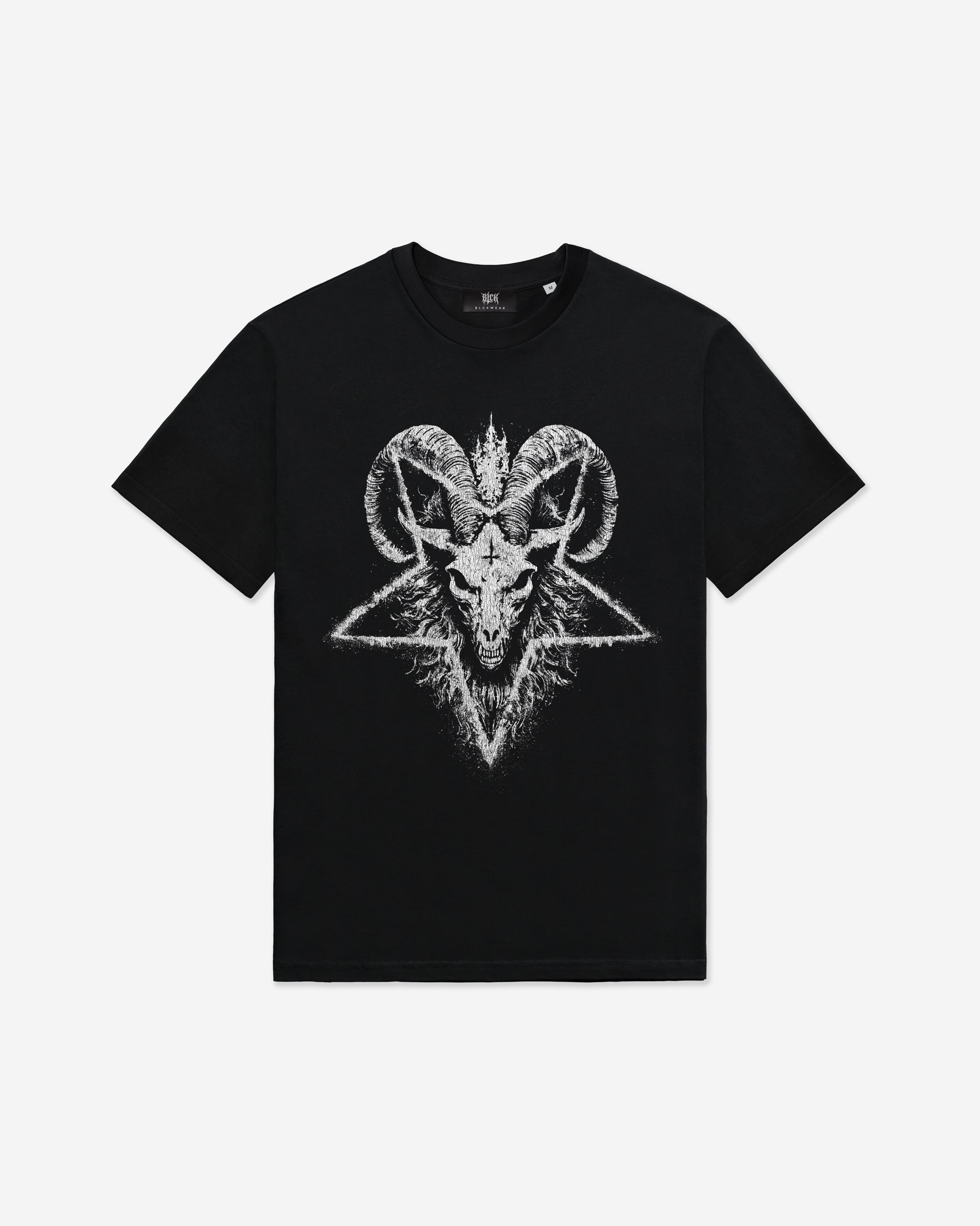 Black t-shirt with white satanic goat head and pentagram design, on a white background