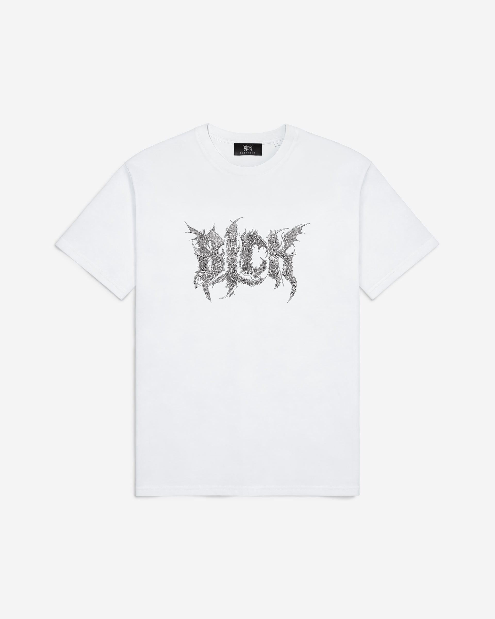 White t-shirt with skeleton logo design on a white background