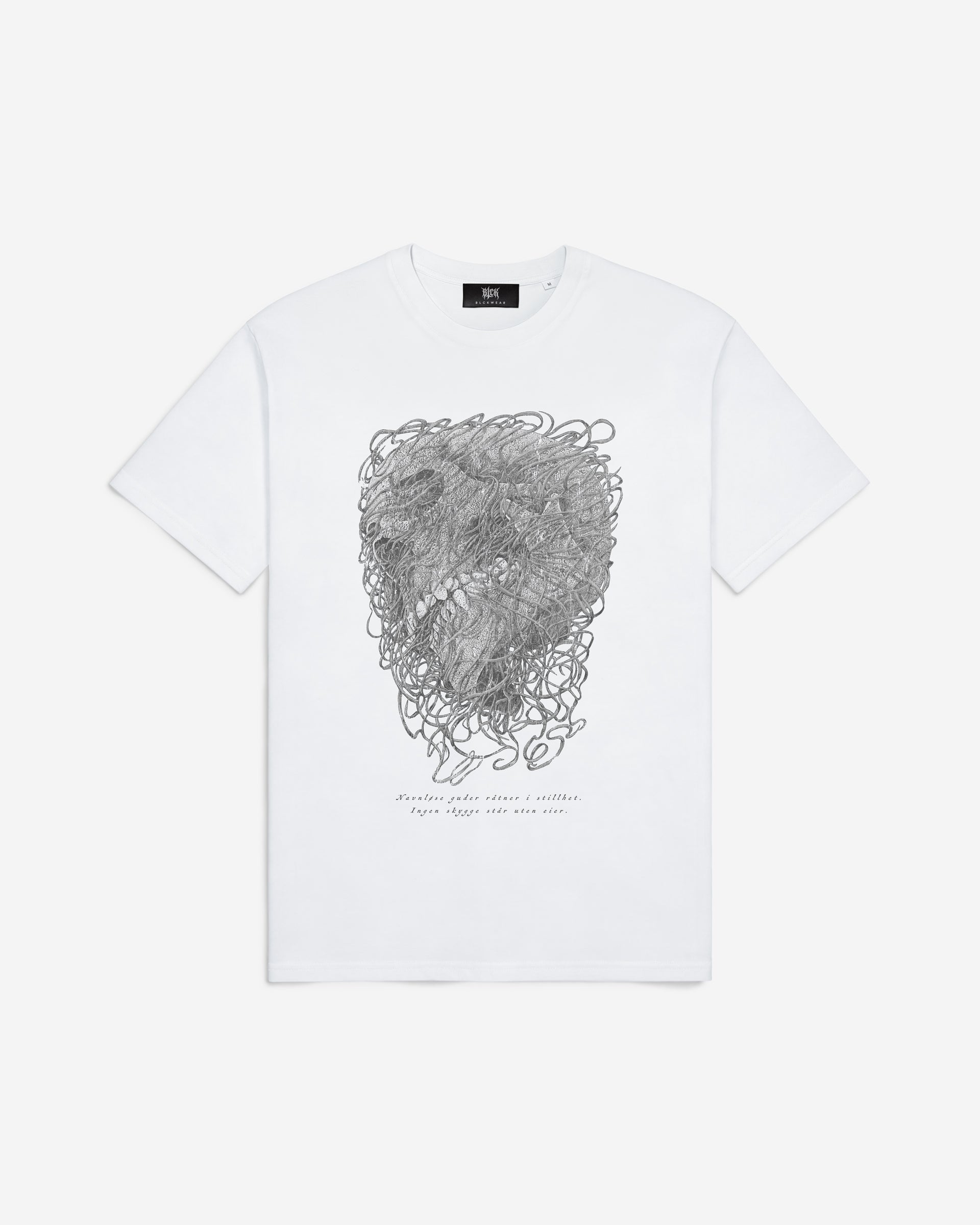White t-shirt with a detailed skull design on a white background