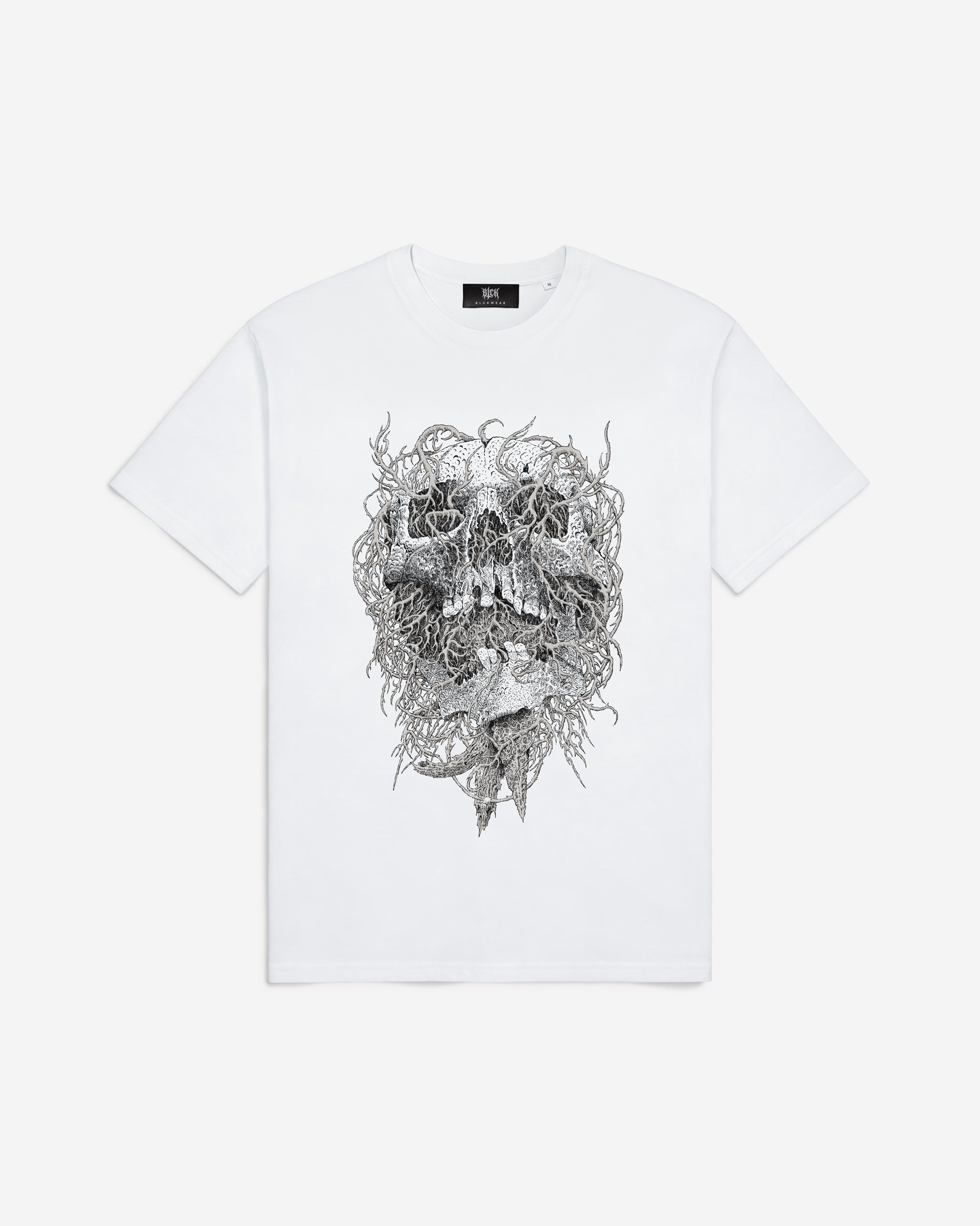 White t-shirt with a black and white skull design on a white background