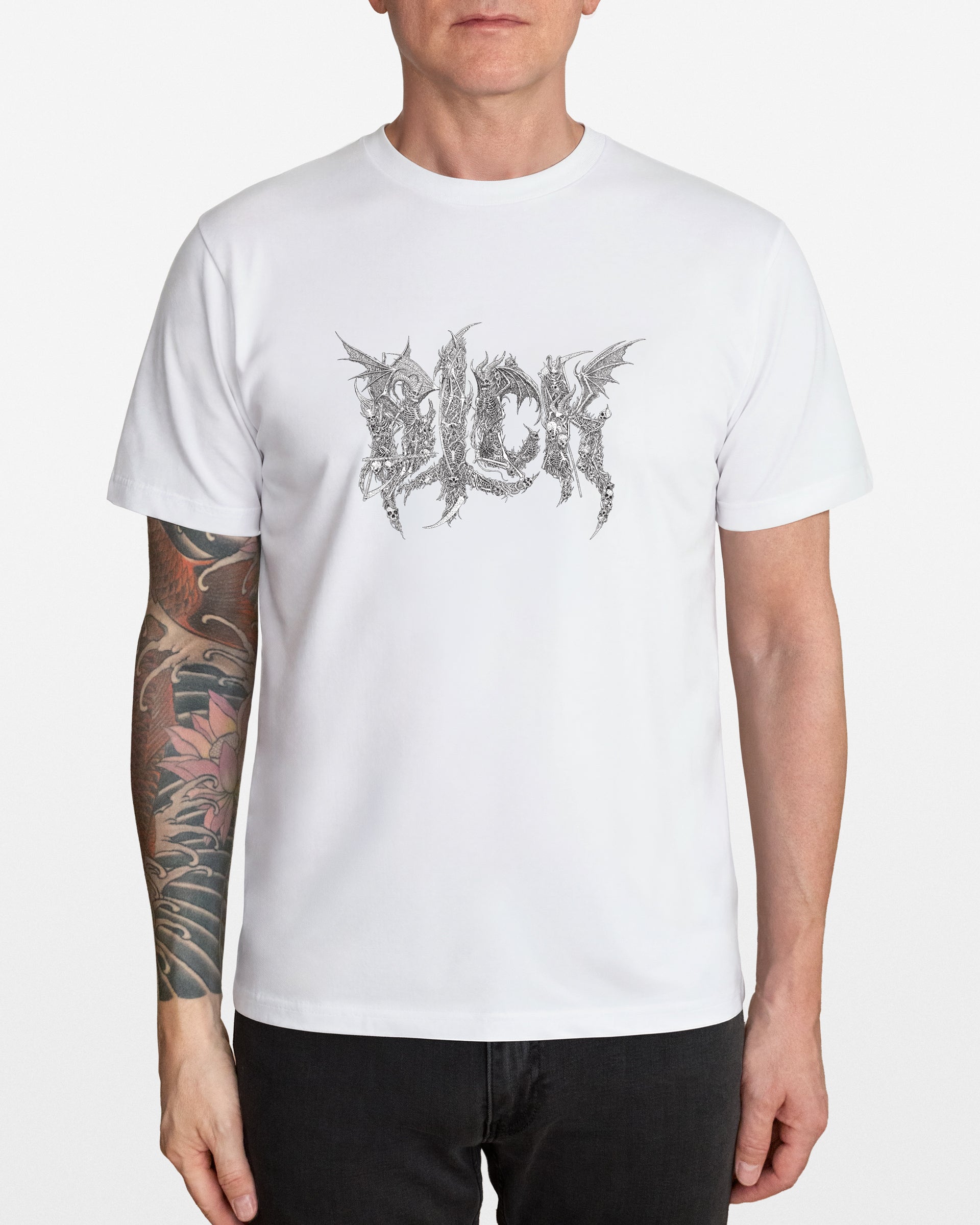 Person wearing a white t-shirt with a skeleton logo on a plain background