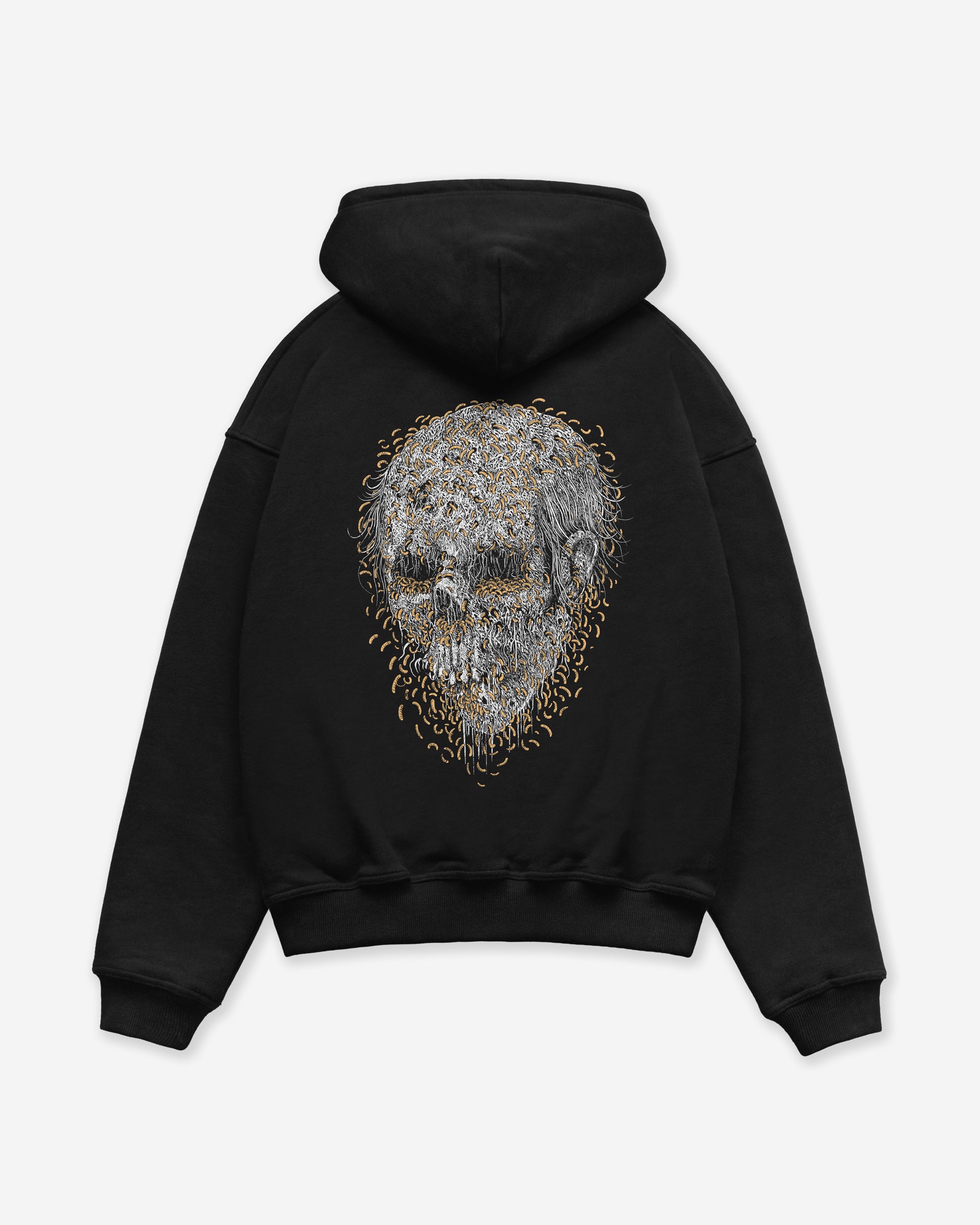 Black hoodie with a maggot skull design on the back against a light gray background