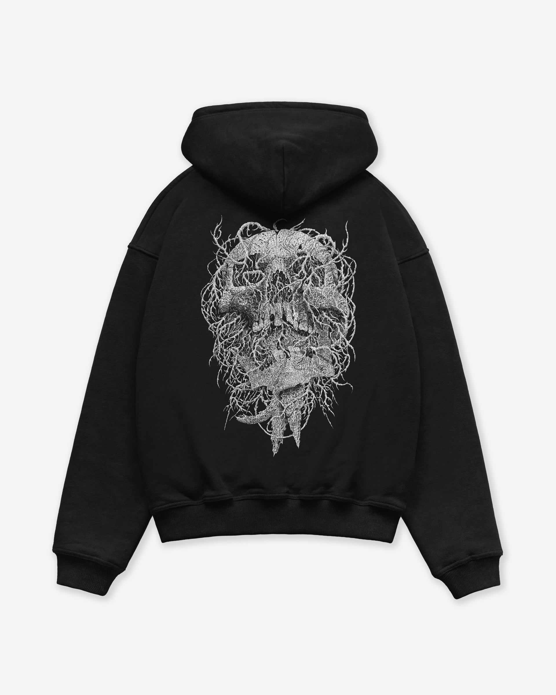Black hoodie with an intricate white skull design on the back, on a light gray background
