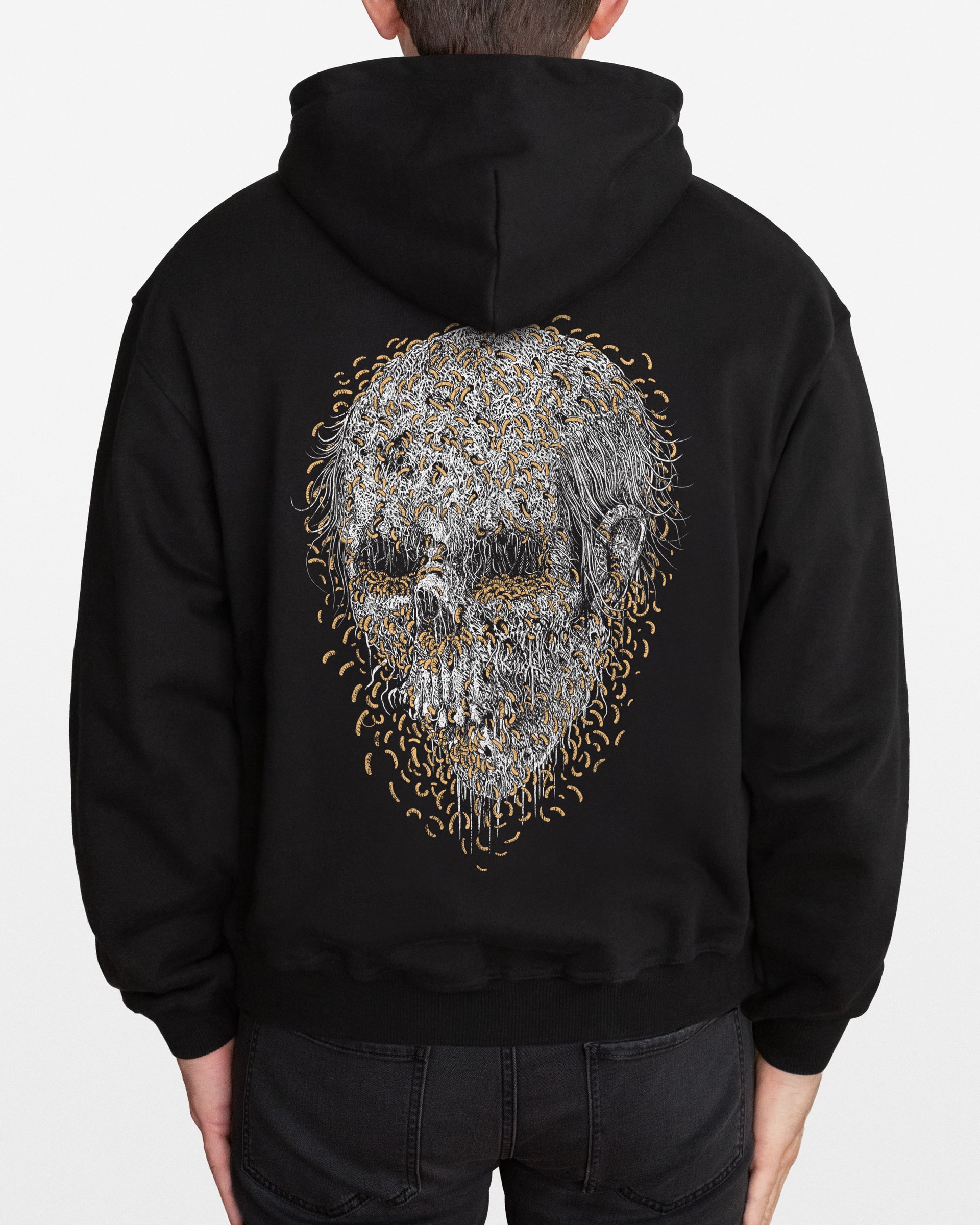 A black zip hoodie with a maggot skull design on the back, worn by a person against a white background